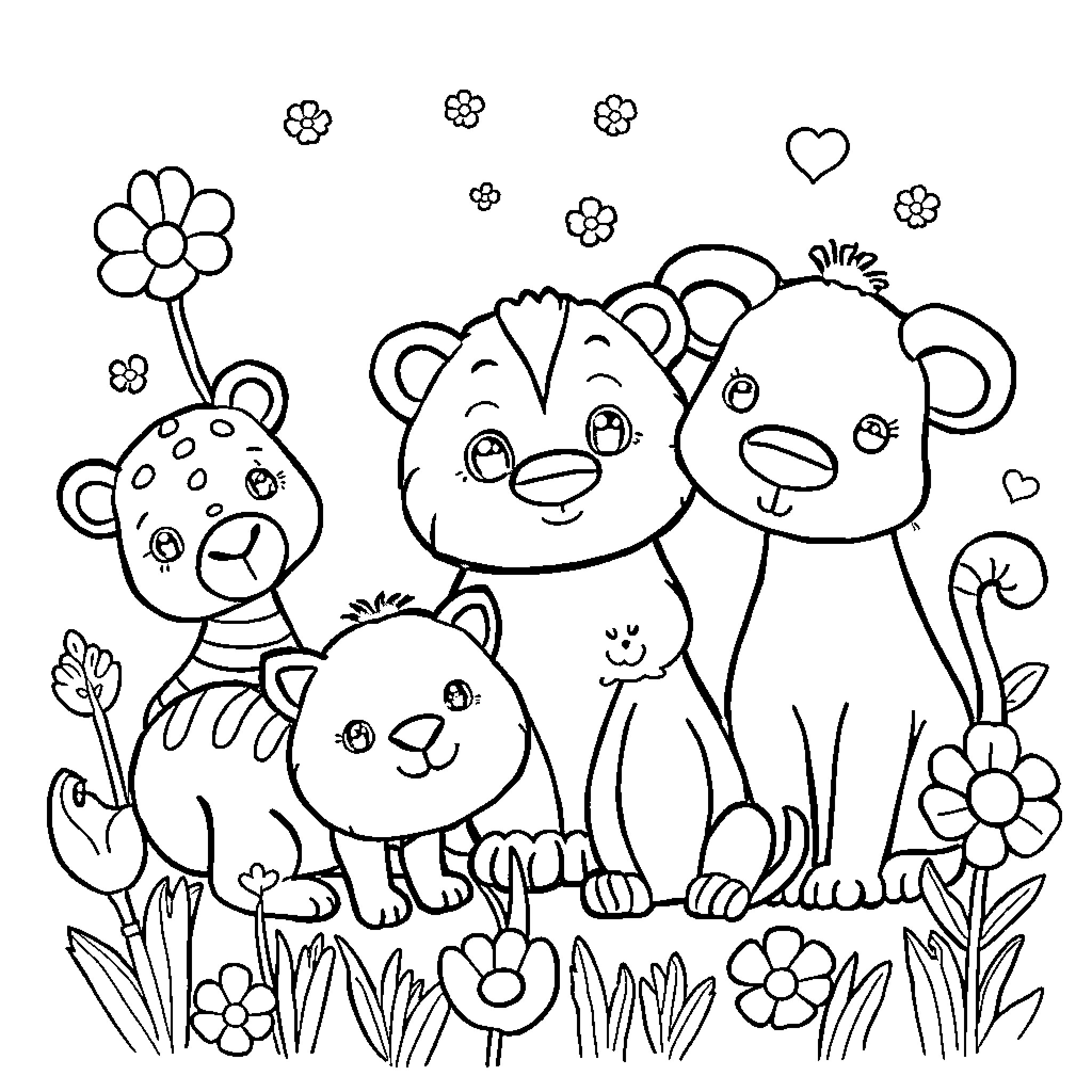 Painting of Cartoon Animals in Nature Coloring Page (free black-and-white line drawing printable PDF for all, from beginners to advanced learners, including children, teens, adults, and seniors)