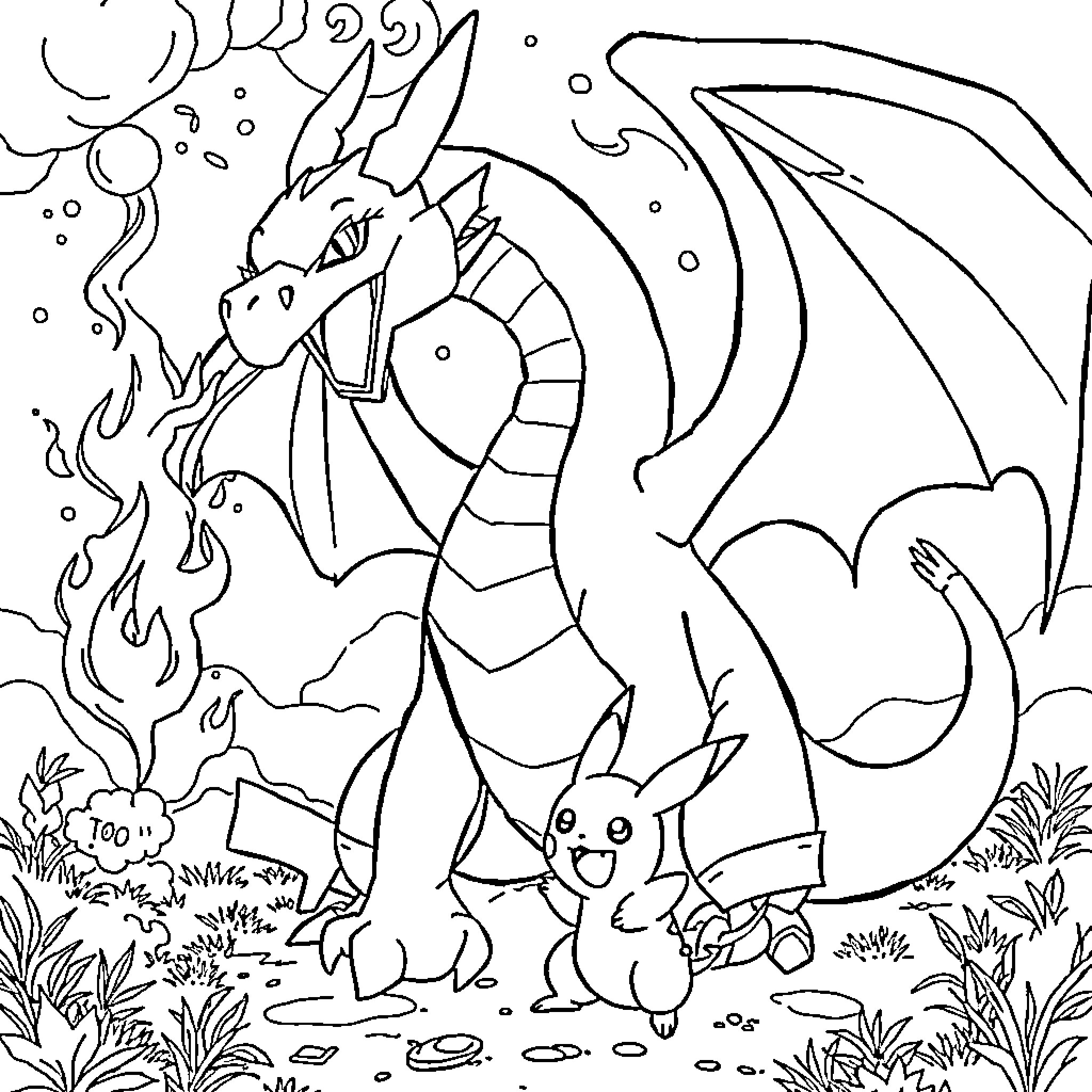 Dragon and Curious Creature in Fantasy Landscape Coloring Page (free black-and-white line drawing printable PDF for all, from beginners to advanced learners, including children, teens, adults, and seniors)