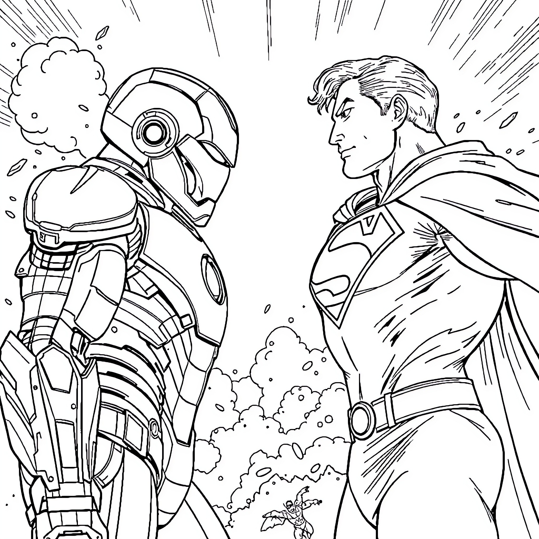 Ironman confronts a powerful foe in epic battle Coloring Page (free black-and-white line drawing printable PDF for all, from beginners to advanced learners, including children, teens, adults, and seniors)