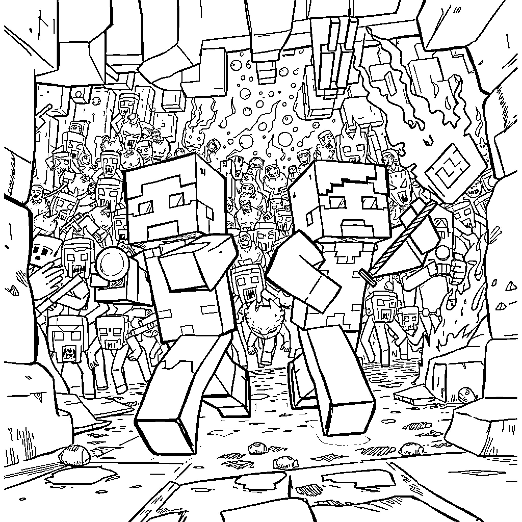 Minecraft Characters Exploring a Chaotic Landscape Coloring Page (free black-and-white line drawing printable PDF for all, from beginners to advanced learners, including children, teens, adults, and seniors)