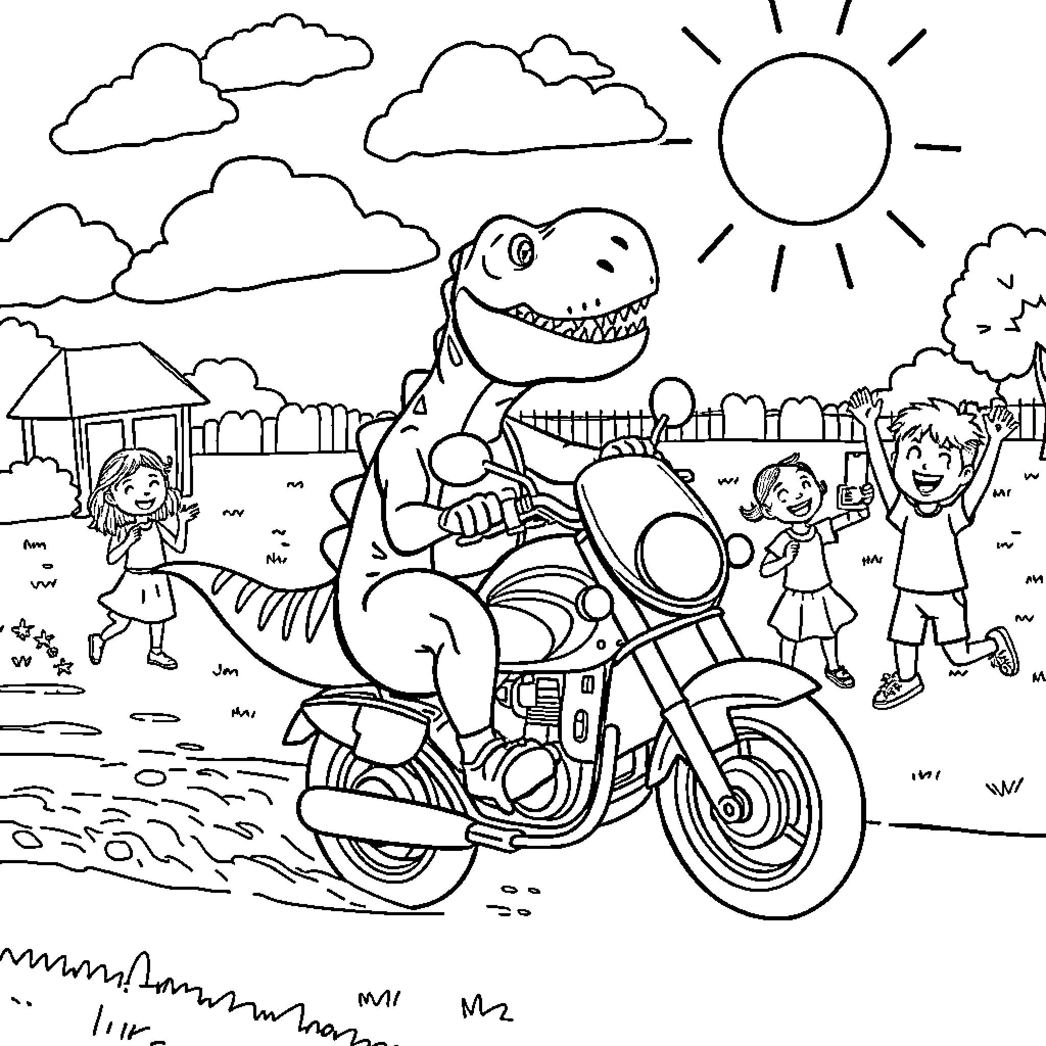 Dinosaur riding motorcycle with children in the park Coloring Page (free black-and-white line drawing printable PDF for all, from beginners to advanced learners, including children, teens, adults, and seniors)