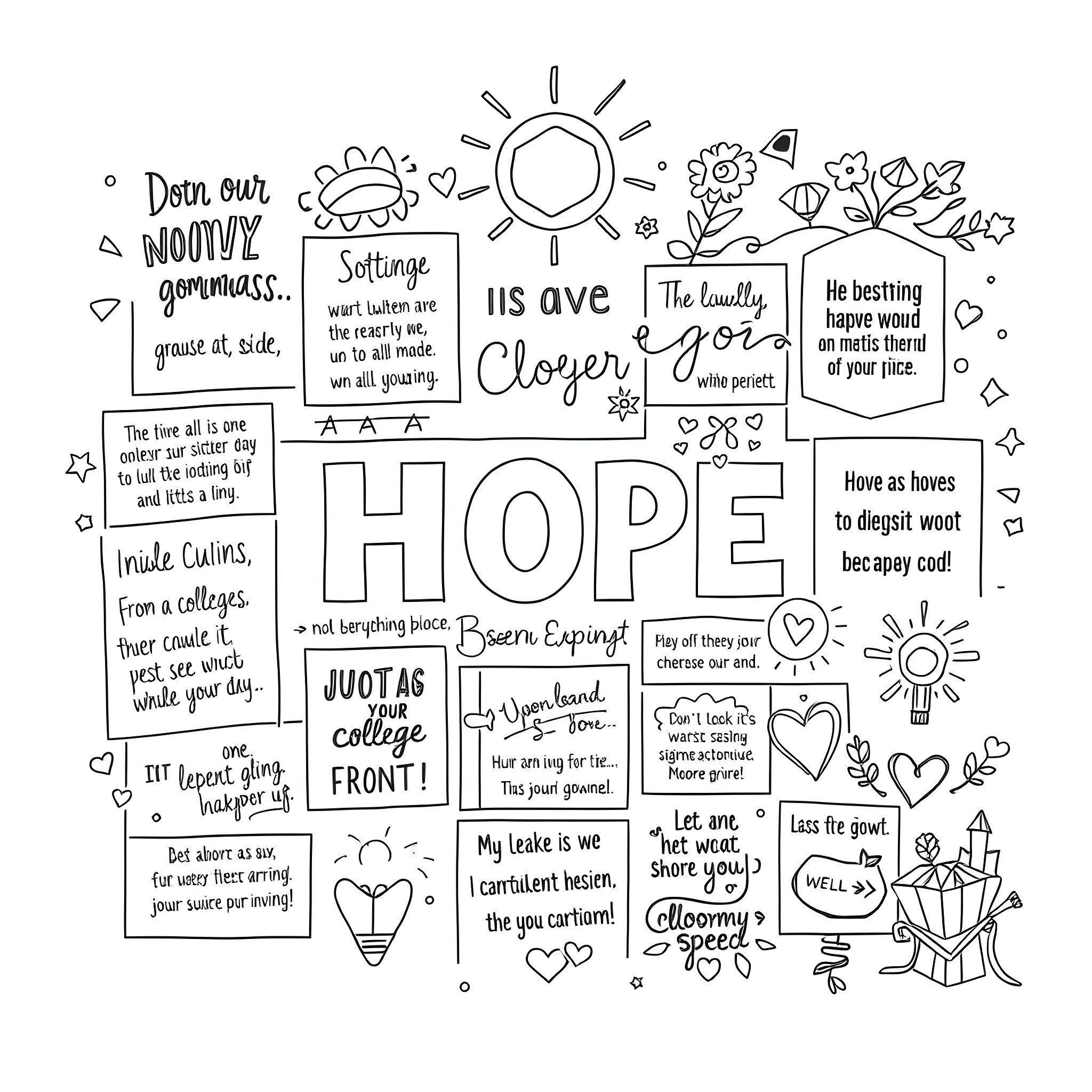 Vision Board of Motivational Quotes and Doodles Coloring Page (free black-and-white line drawing printable PDF for all, from beginners to advanced learners, including children, teens, adults, and seniors)
