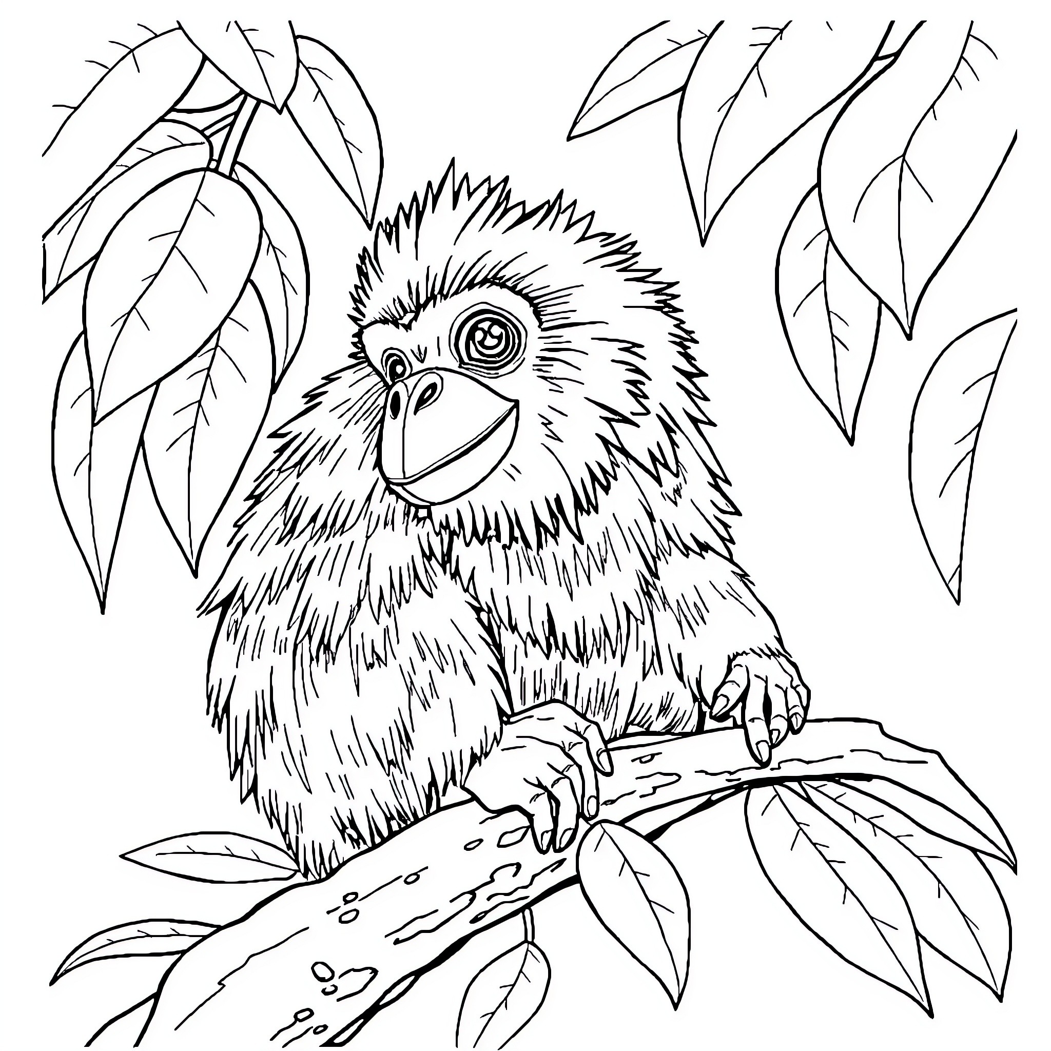 Monkey perched on branch with lush foliage Coloring Page (free black-and-white line drawing printable PDF for all, from beginners to advanced learners, including children, teens, adults, and seniors)