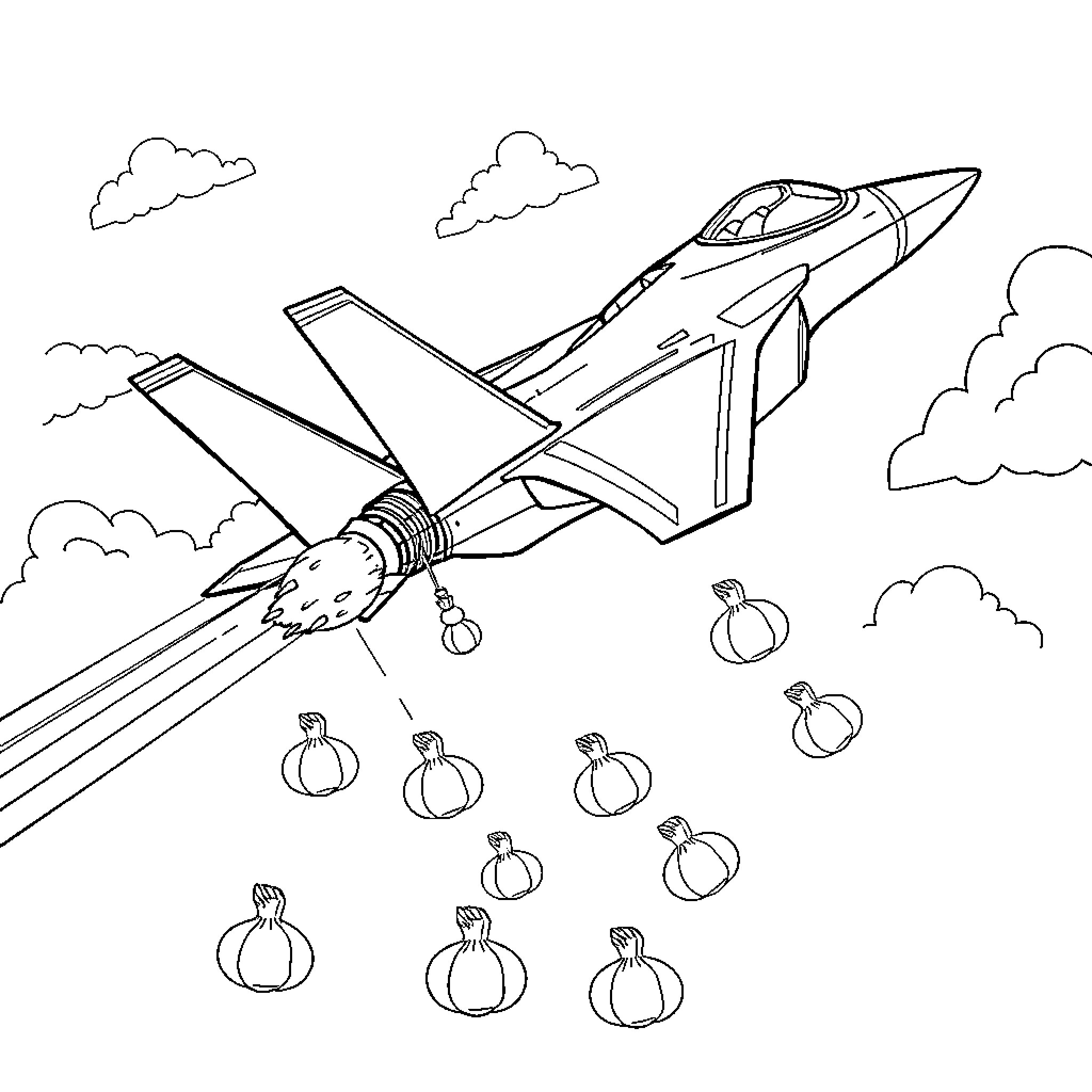 F35 fighter jet releasing bombs over clouds Coloring Page (free black-and-white line drawing printable PDF for all, from beginners to advanced learners, including children, teens, adults, and seniors)