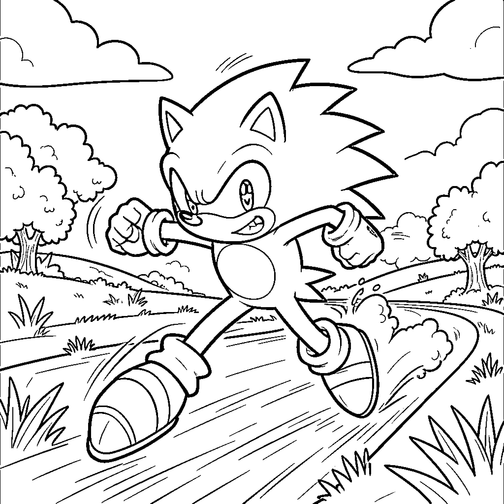 Sonic running fast through a grassy landscape Coloring Page (free black-and-white line drawing printable PDF for all, from beginners to advanced learners, including children, teens, adults, and seniors)