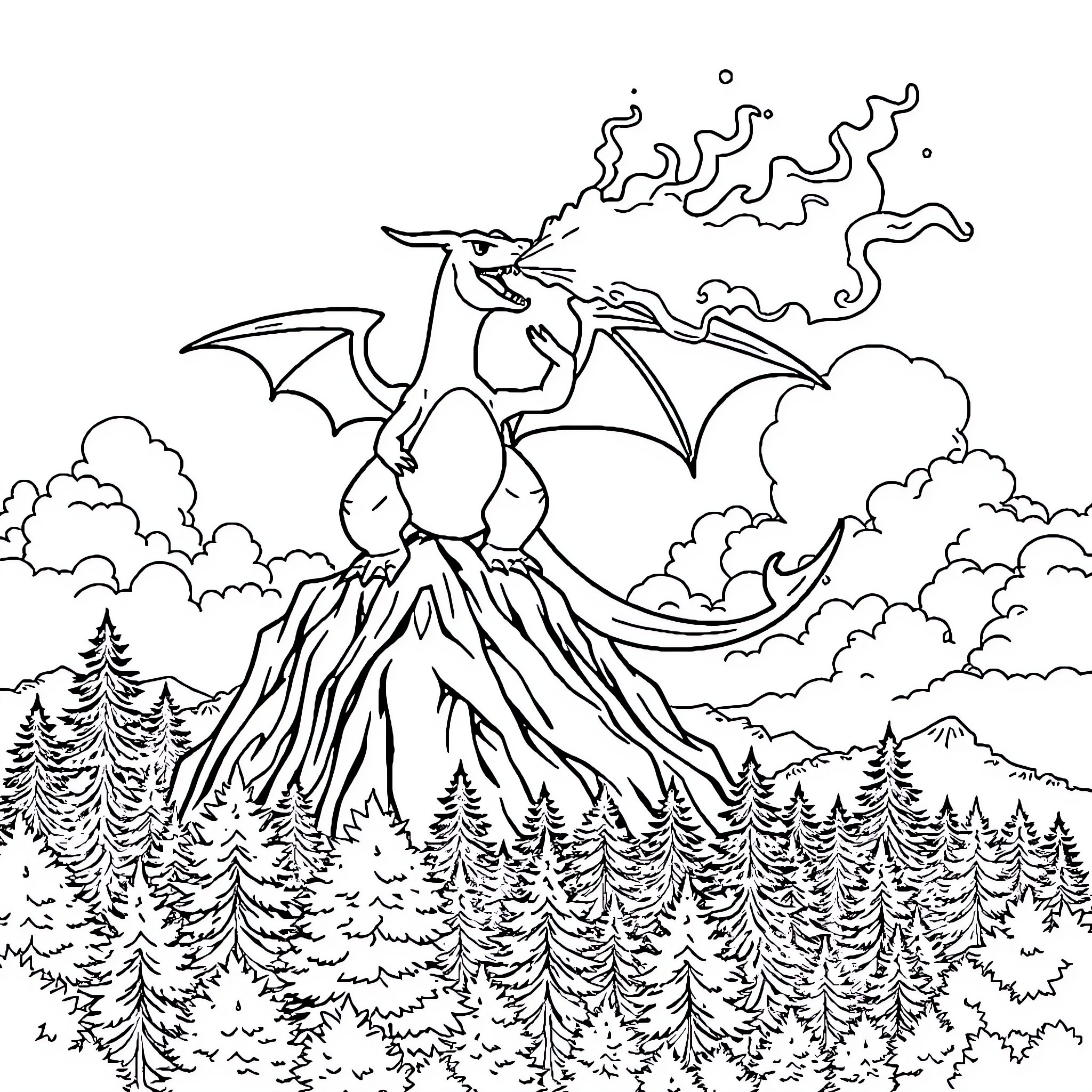 Charizard soaring above the forest landscape Coloring Page (free black-and-white line drawing printable PDF for all, from beginners to advanced learners, including children, teens, adults, and seniors)
