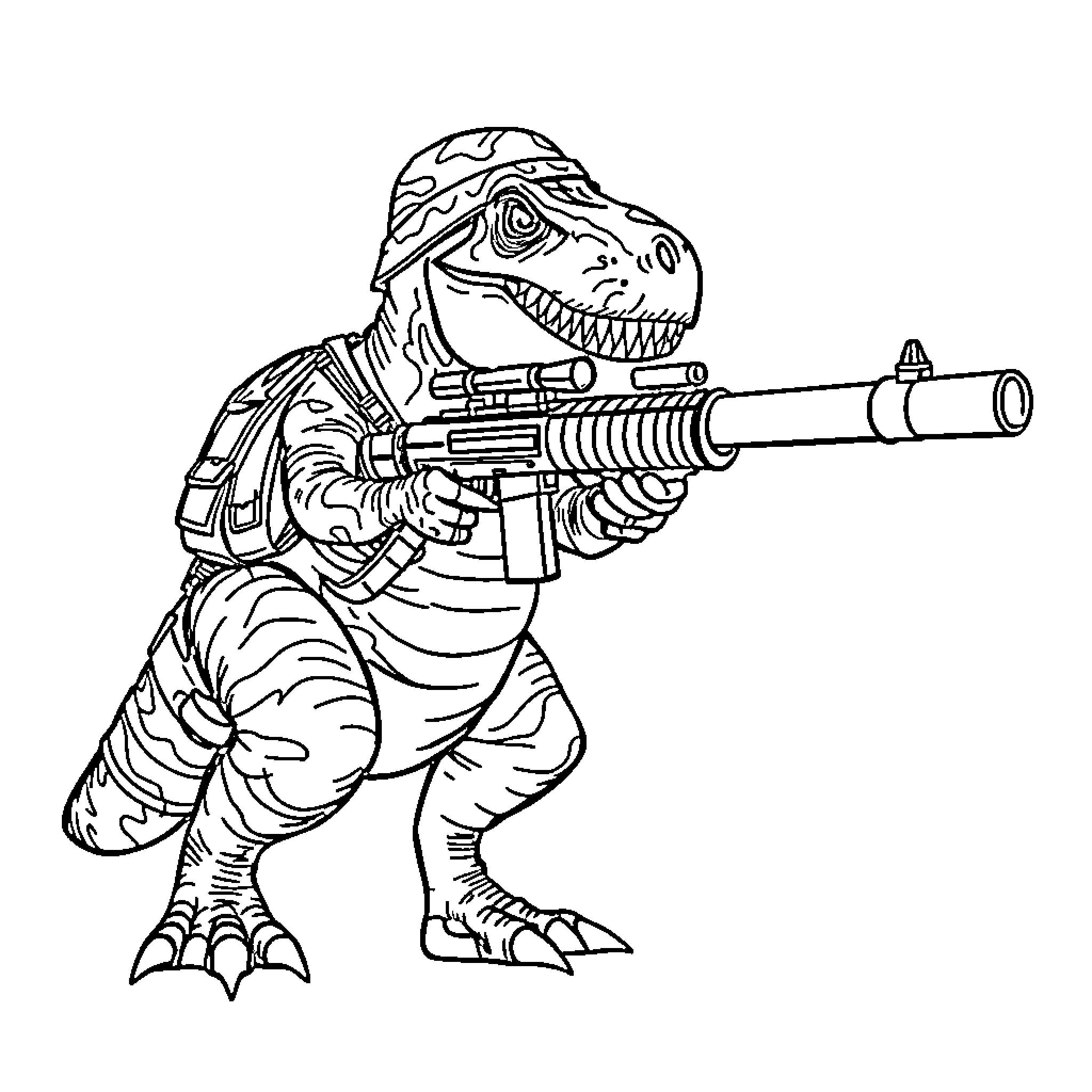 Trex soldier wielding a futuristic weapon Coloring Page (free black-and-white line drawing printable PDF for all, from beginners to advanced learners, including children, teens, adults, and seniors)