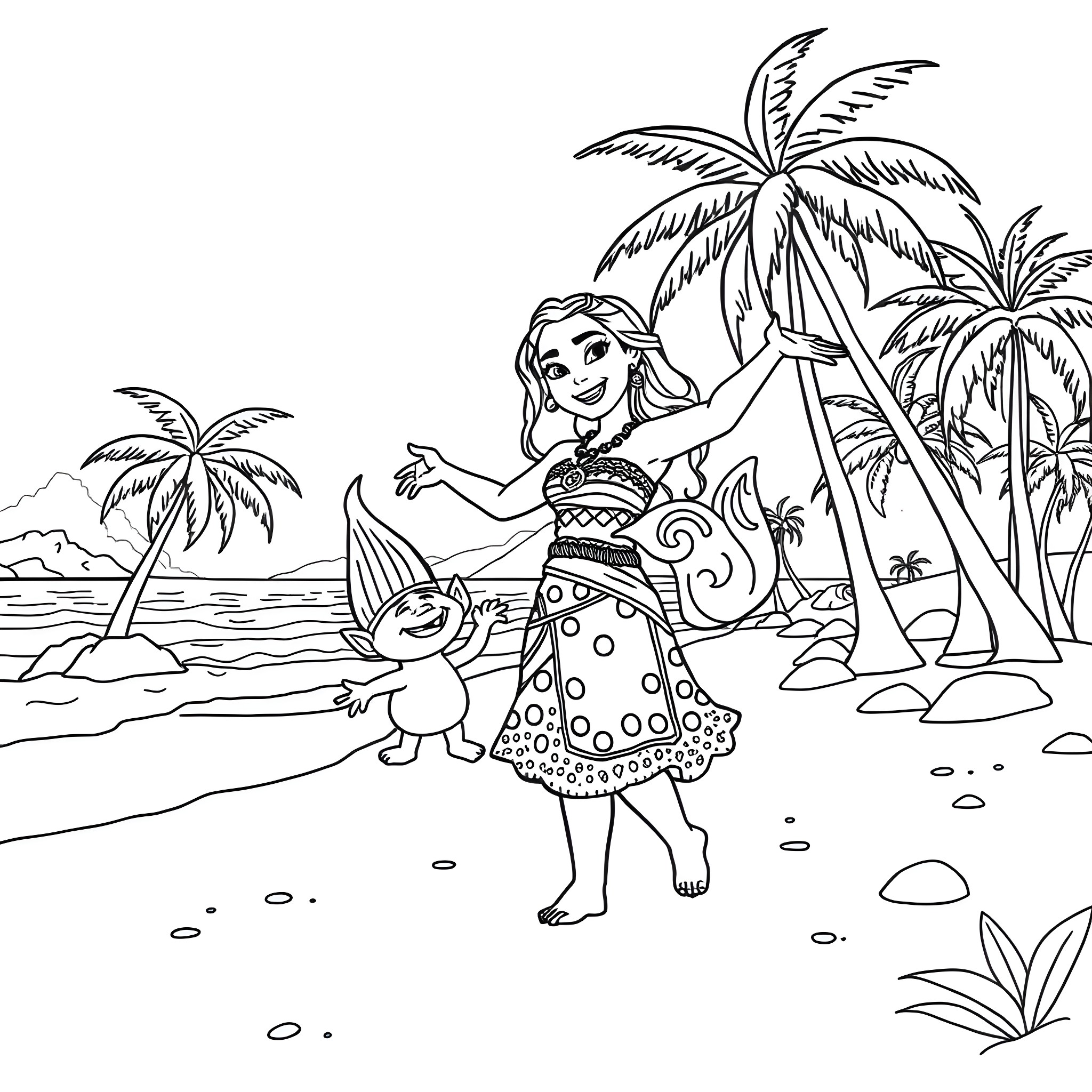 Moana enjoying the tropical paradise with Pua Coloring Page (free black-and-white line drawing printable PDF for all, from beginners to advanced learners, including children, teens, adults, and seniors)