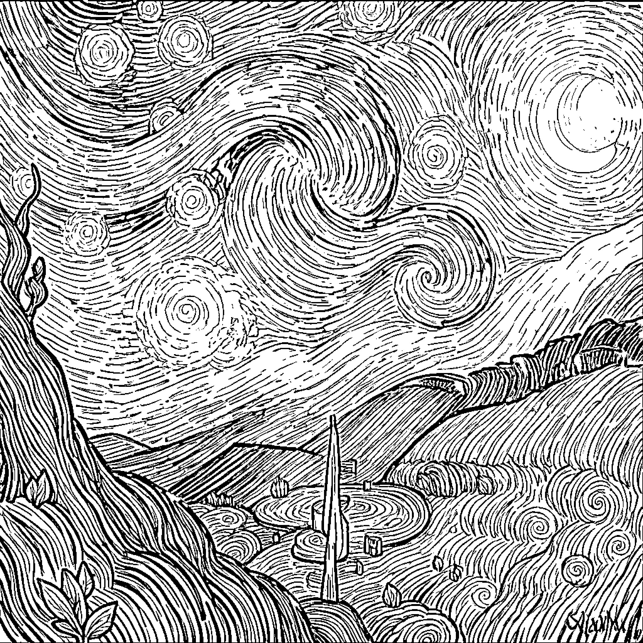 Van Gogh-inspired Starry Night Landscape Coloring Page (free black-and-white line drawing printable PDF for all, from beginners to advanced learners, including children, teens, adults, and seniors)