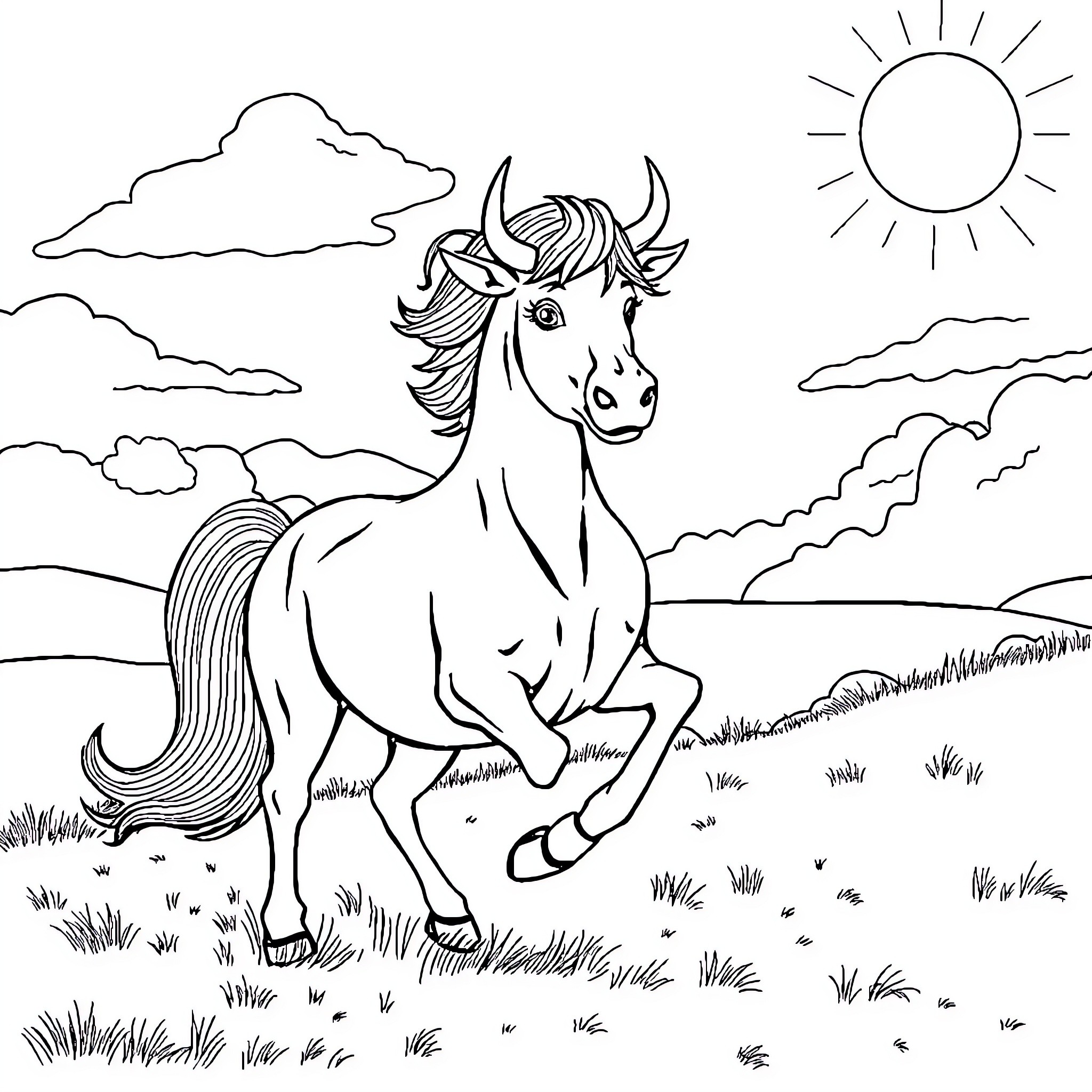 Toro galloping freely in the sunny countryside Coloring Page (free black-and-white line drawing printable PDF for all, from beginners to advanced learners, including children, teens, adults, and seniors)