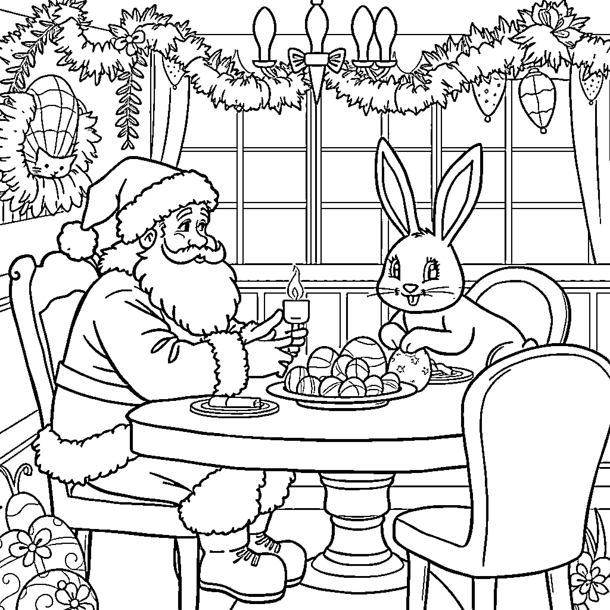 Santa Enjoying Tea with Cheerful Rabbit Friend Coloring Page (free black-and-white line drawing printable PDF for all, from beginners to advanced learners, including children, teens, adults, and seniors)