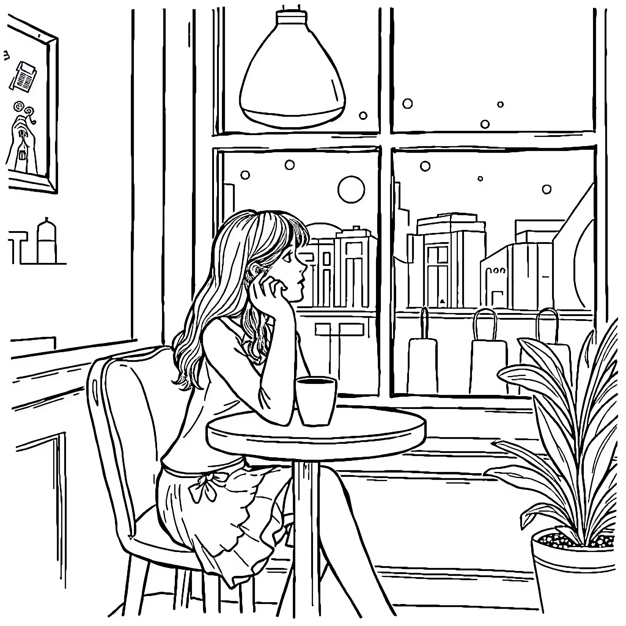 Girl sitting alone in a cafe Coloring Page (free black-and-white line drawing printable PDF for all, from beginners to advanced learners, including children, teens, adults, and seniors)