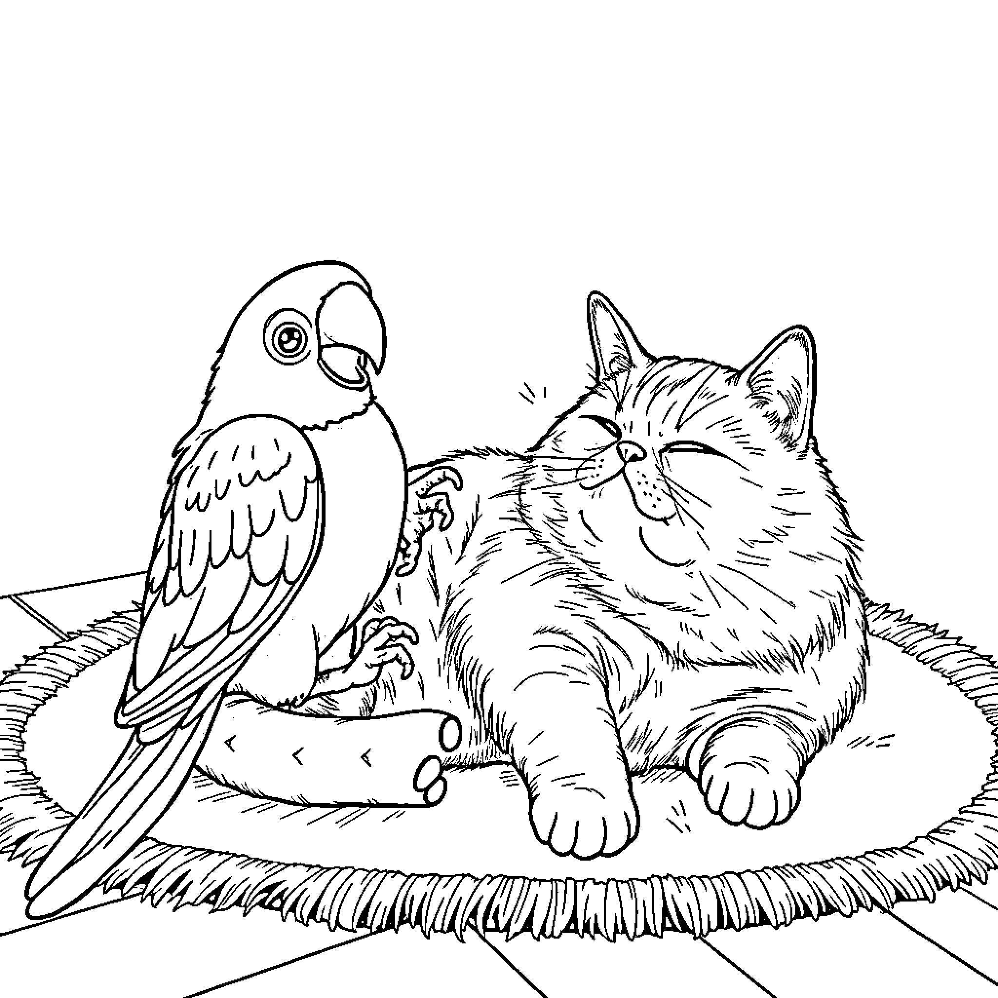 Parrot and Playful Cat on a Cozy Perch Coloring Page (free black-and-white line drawing printable PDF for all, from beginners to advanced learners, including children, teens, adults, and seniors)