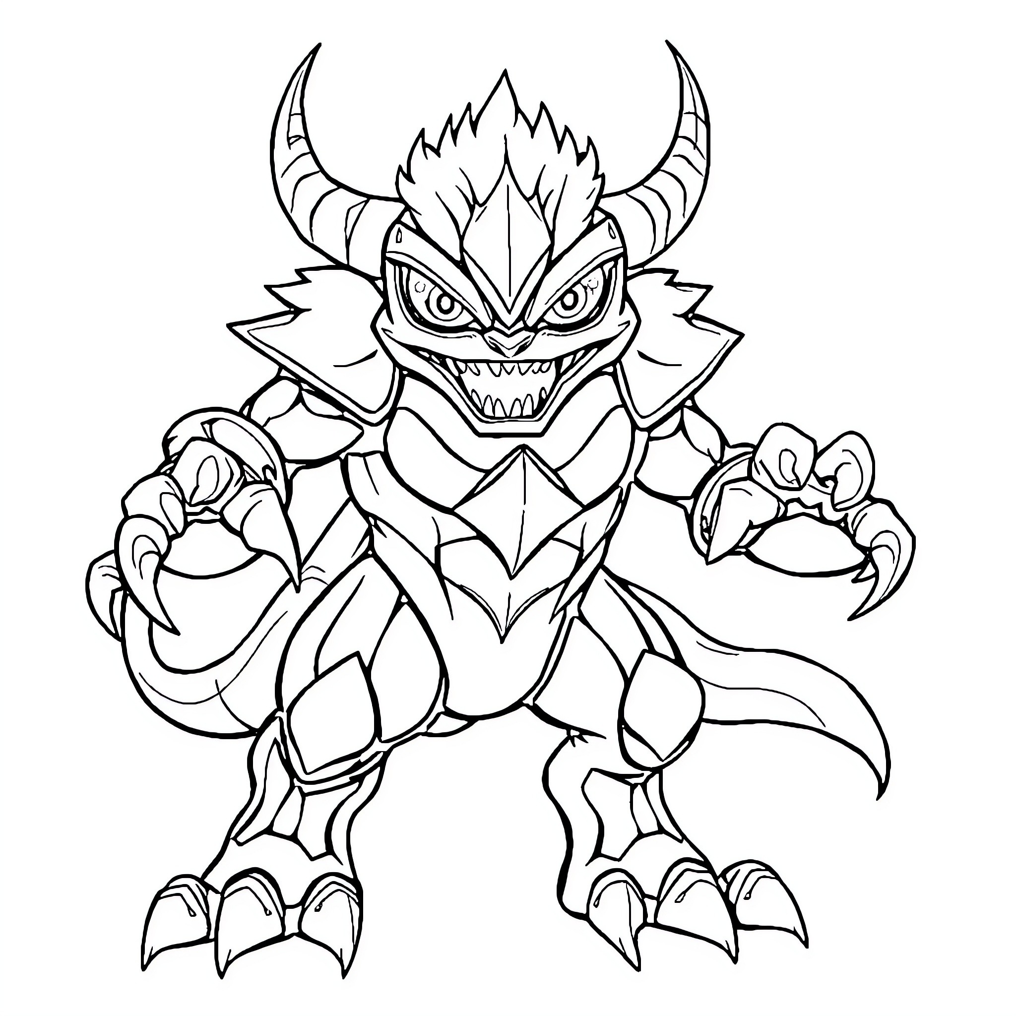 Monster creature with horns and claws in attack stance Coloring Page (free black-and-white line drawing printable PDF for all, from beginners to advanced learners, including children, teens, adults, and seniors)