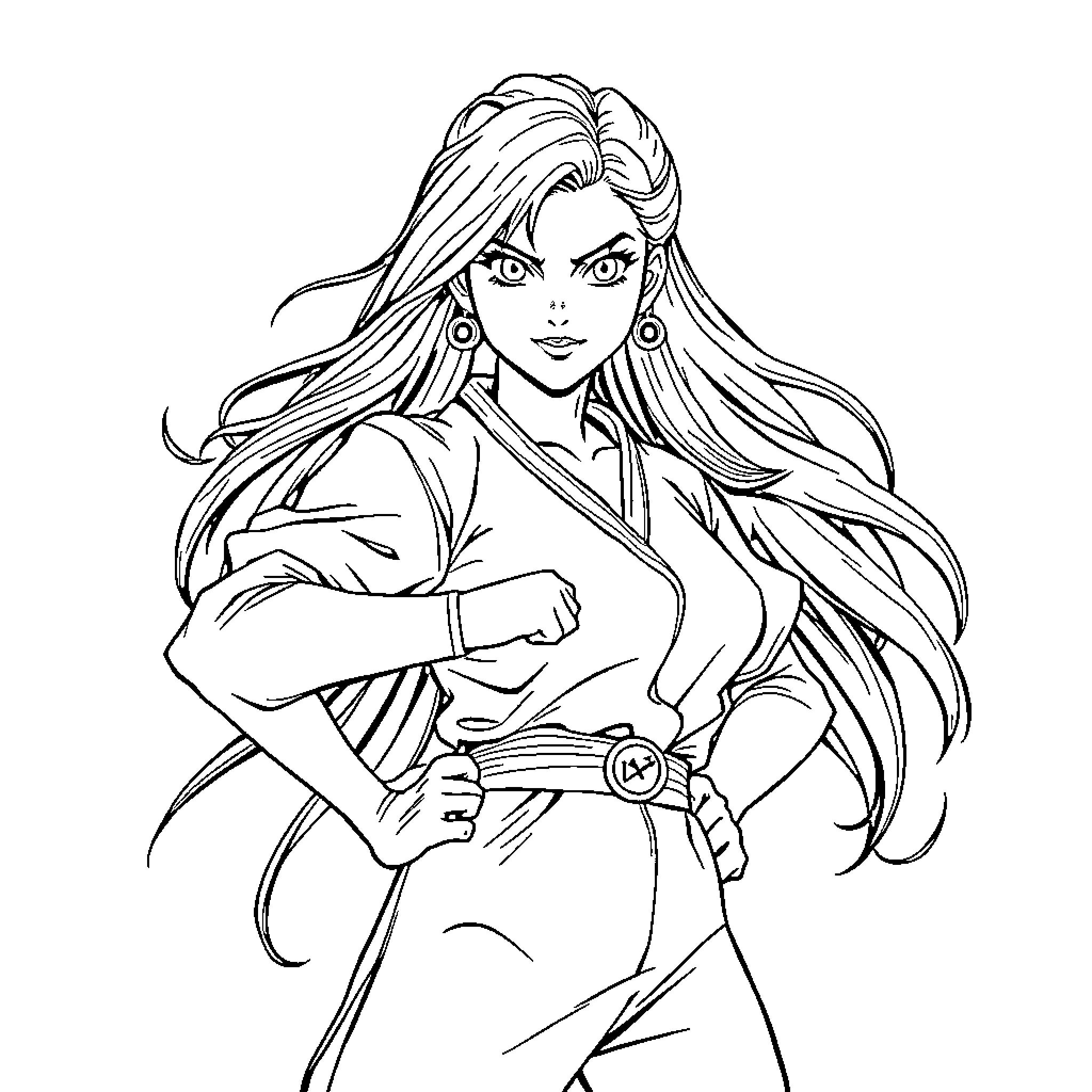 Maki Zen'in in Confident Anime-Style Pose Coloring Page (free black-and-white line drawing printable PDF for all, from beginners to advanced learners, including children, teens, adults, and seniors)