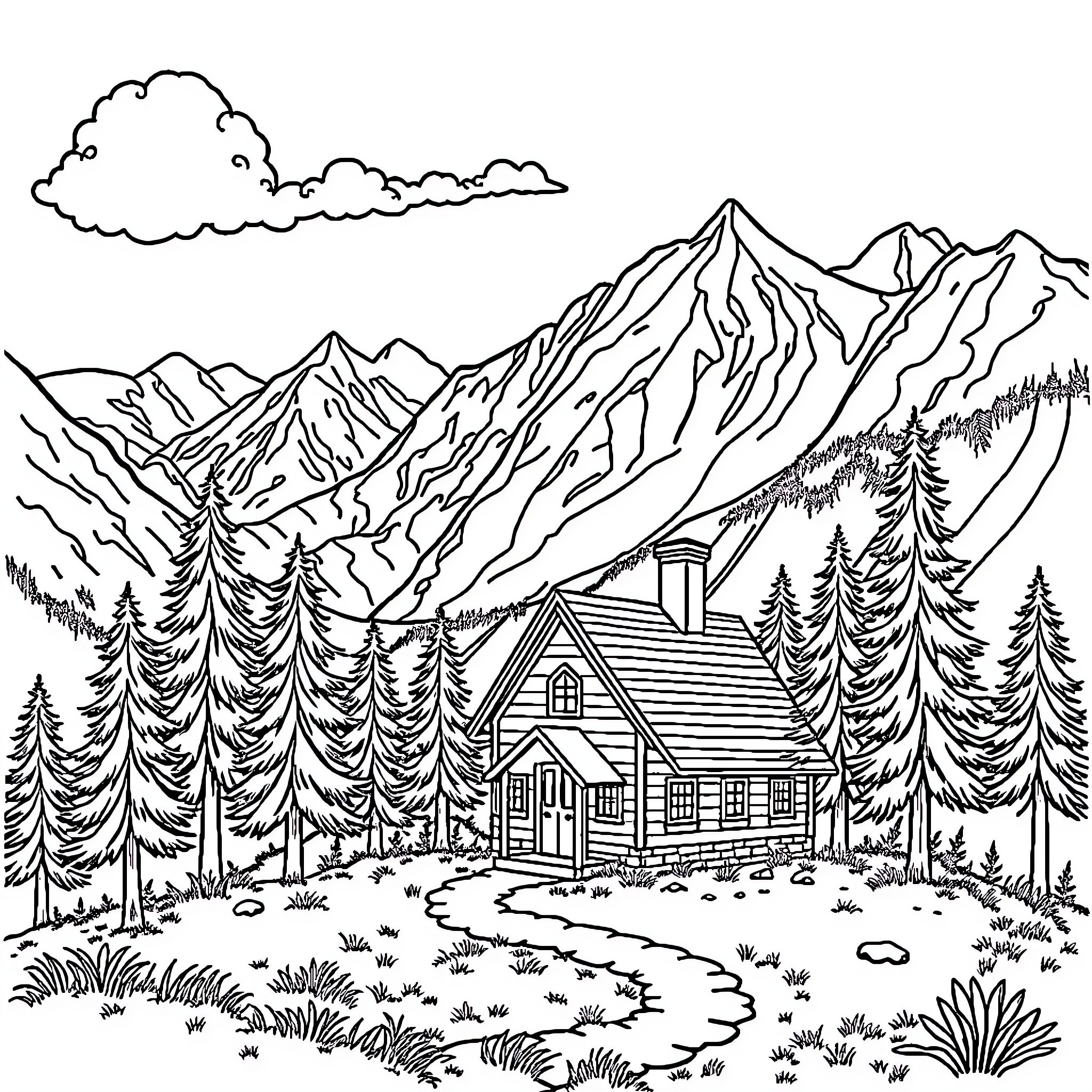 School Cabin in the Mountain Wilderness Coloring Page (free black-and-white line drawing printable PDF for all, from beginners to advanced learners, including children, teens, adults, and seniors)