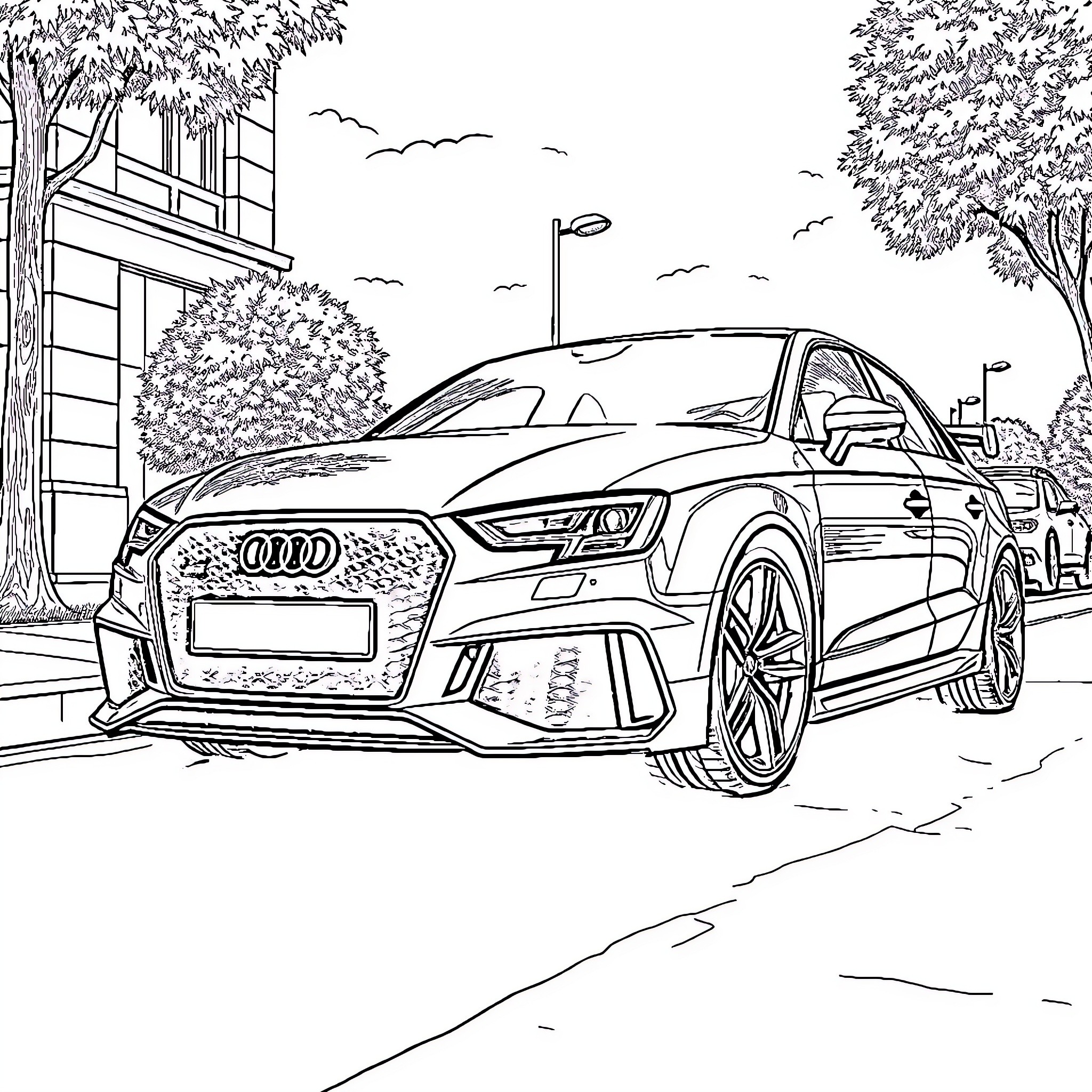 Audi high-performance sports car in urban setting Coloring Page (free black-and-white line drawing printable PDF for all, from beginners to advanced learners, including children, teens, adults, and seniors)
