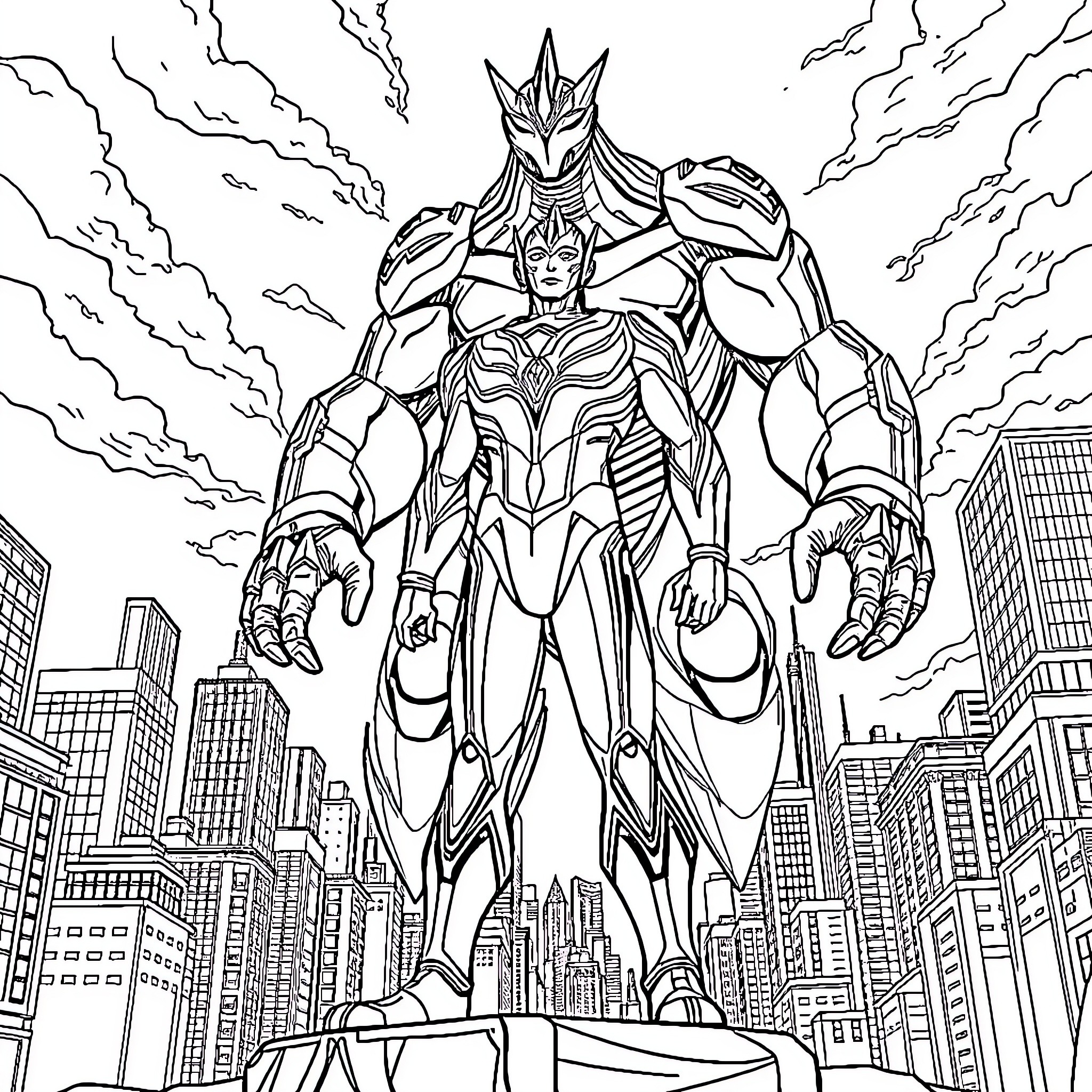 Ultraman stands tall over the city Coloring Page (free black-and-white line drawing printable PDF for all, from beginners to advanced learners, including children, teens, adults, and seniors)