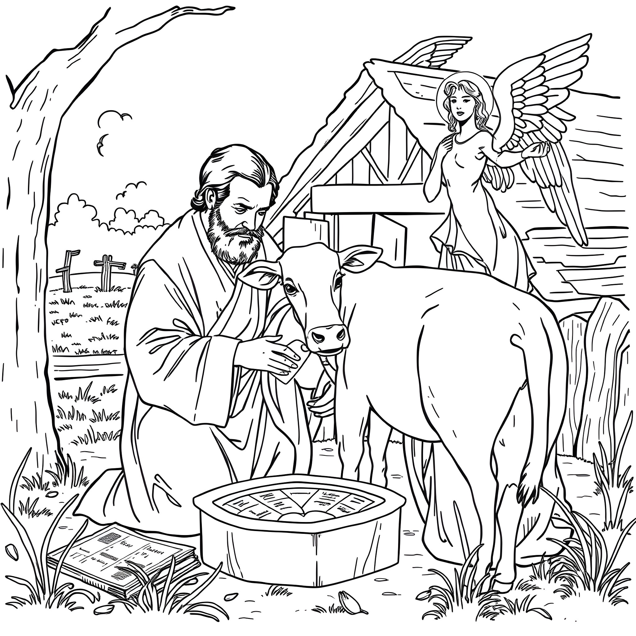Joseph Smith Conversing with an Angel in Nature Coloring Page (free black-and-white line drawing printable PDF for all, from beginners to advanced learners, including children, teens, adults, and seniors)