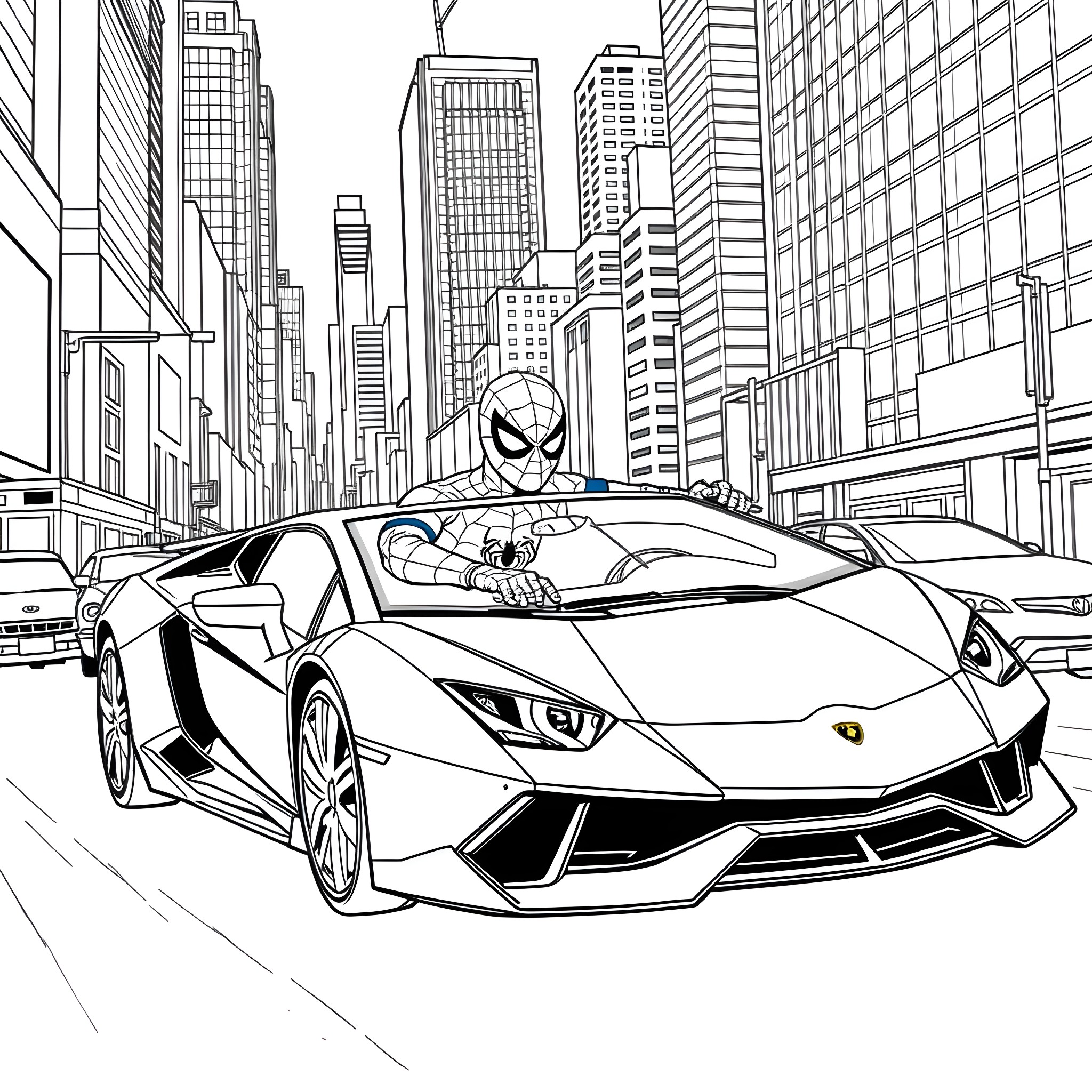Spiderman driving a Lamborghini through the city Coloring Page (free black-and-white line drawing printable PDF for all, from beginners to advanced learners, including children, teens, adults, and seniors)