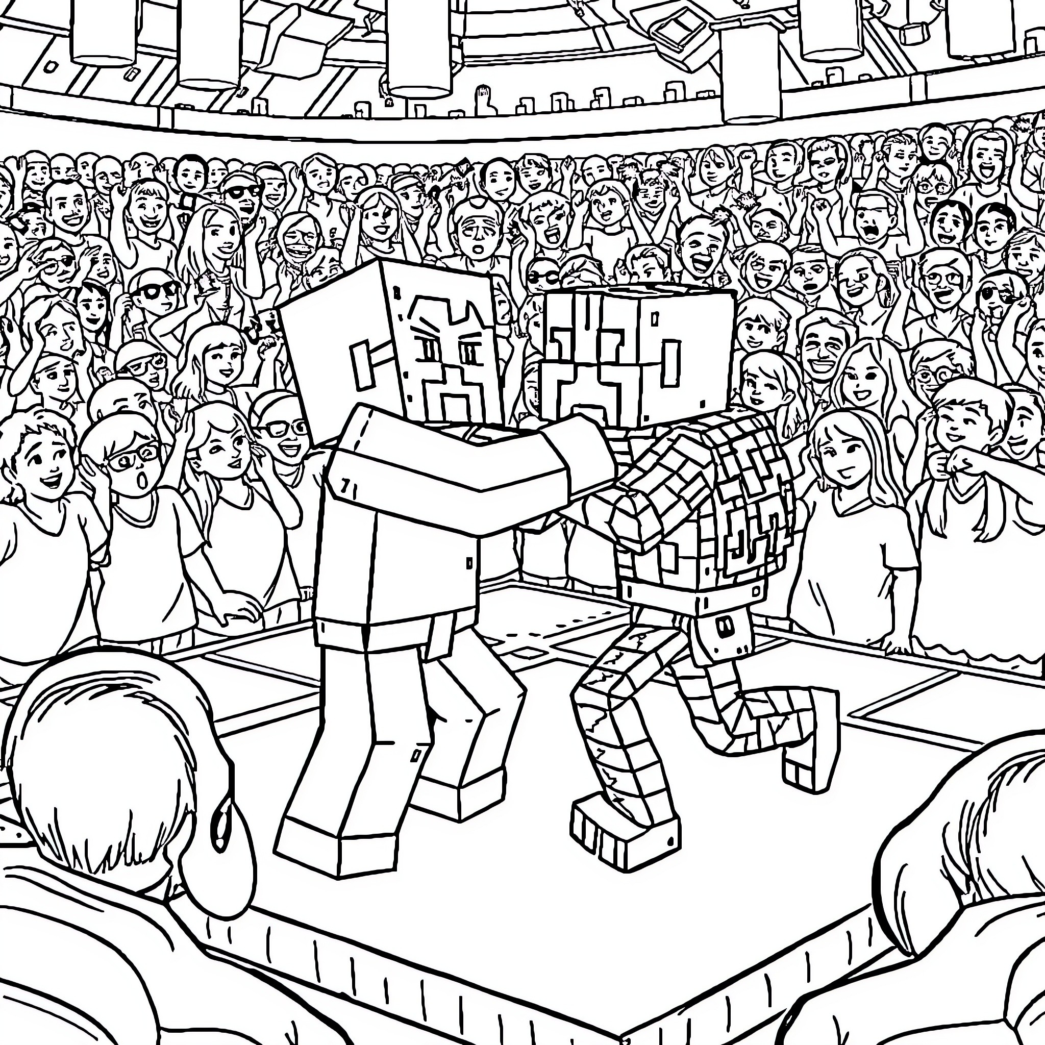 Steve's Quest for Glory in the Crowded Arena Coloring Page (free black-and-white line drawing printable PDF for all, from beginners to advanced learners, including children, teens, adults, and seniors)