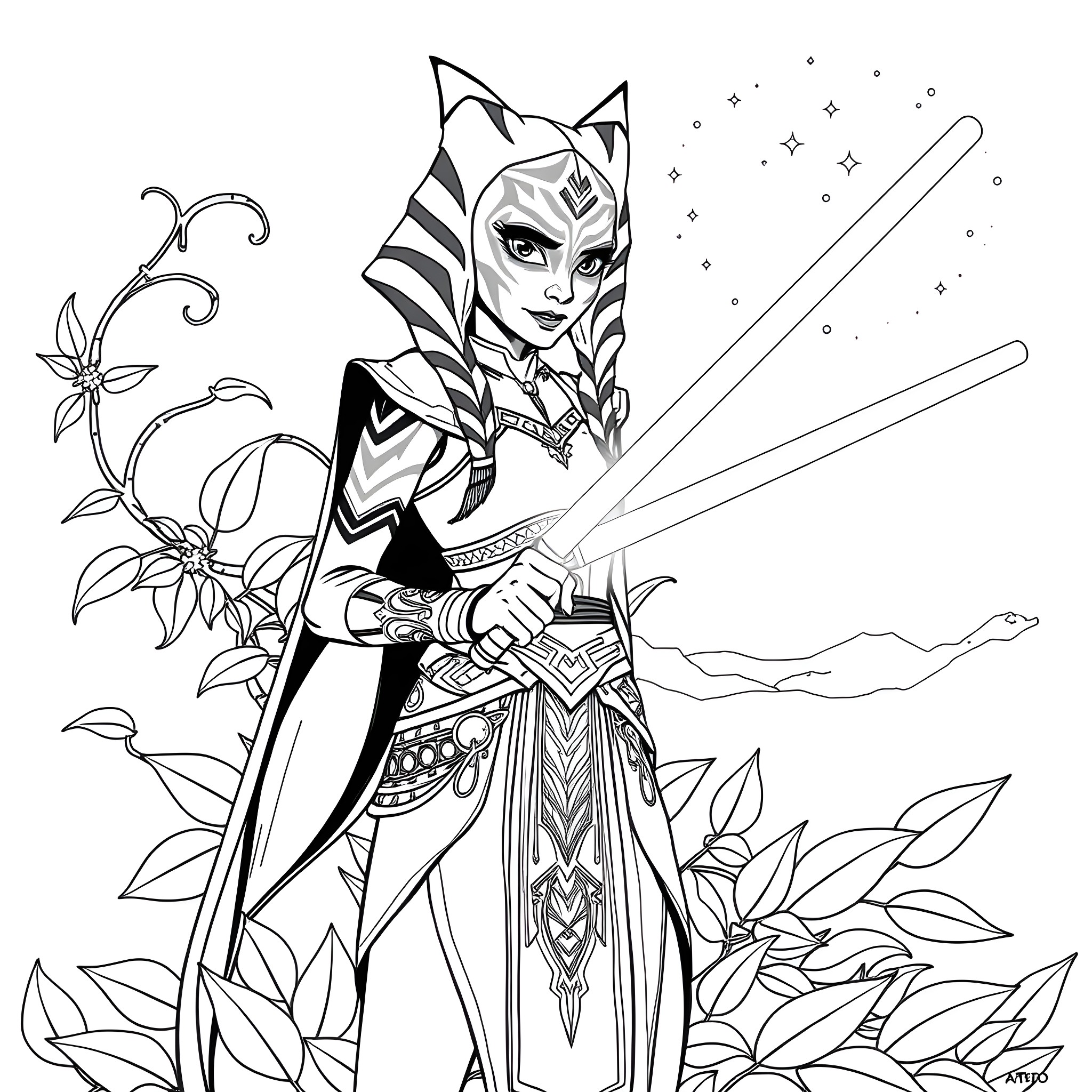 Ahsoka in Contemplative Pose with Nature Coloring Page (free black-and-white line drawing printable PDF for all, from beginners to advanced learners, including children, teens, adults, and seniors)