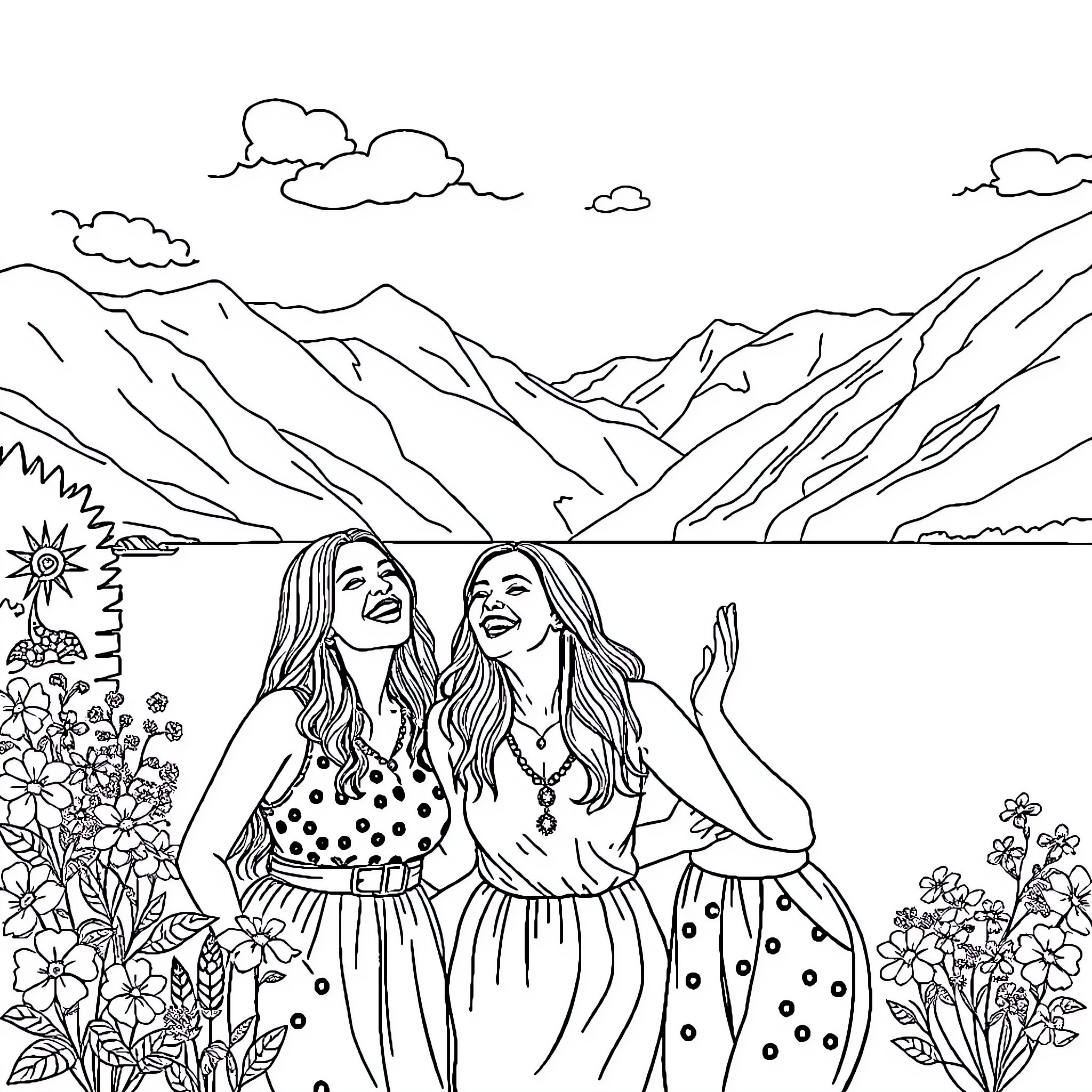 Women enjoying nature in the mountains Coloring Page (free black-and-white line drawing printable PDF for all, from beginners to advanced learners, including children, teens, adults, and seniors)