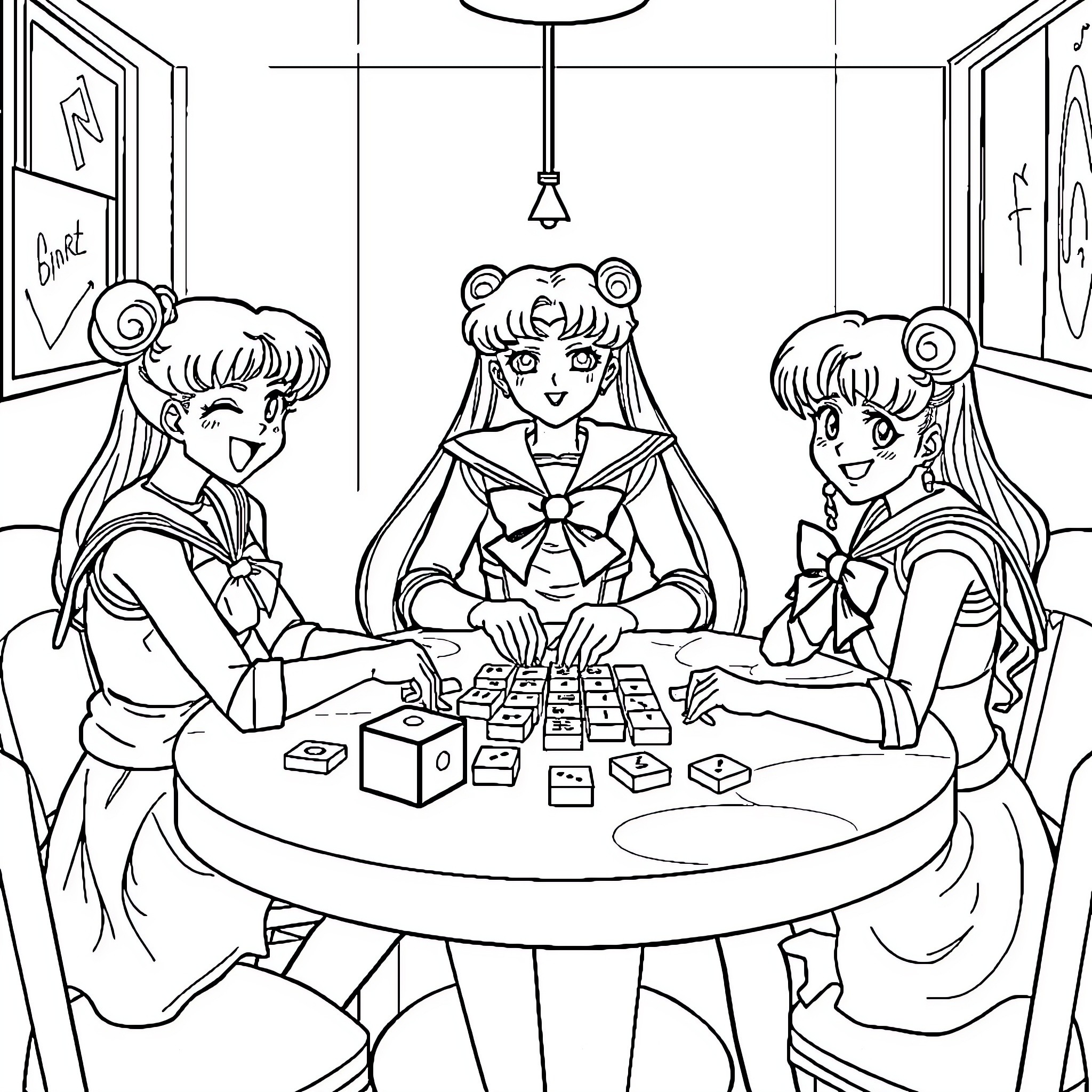 Sailor Moon Characters Playing Games Together Coloring Page (free black-and-white line drawing printable PDF for all, from beginners to advanced learners, including children, teens, adults, and seniors)