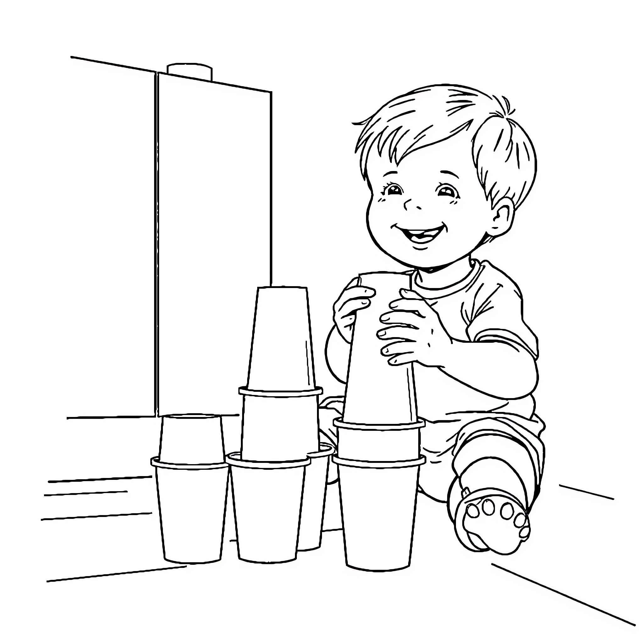 Child playing with cups on the floor Coloring Page (free black-and-white line drawing printable PDF for all, from beginners to advanced learners, including children, teens, adults, and seniors)