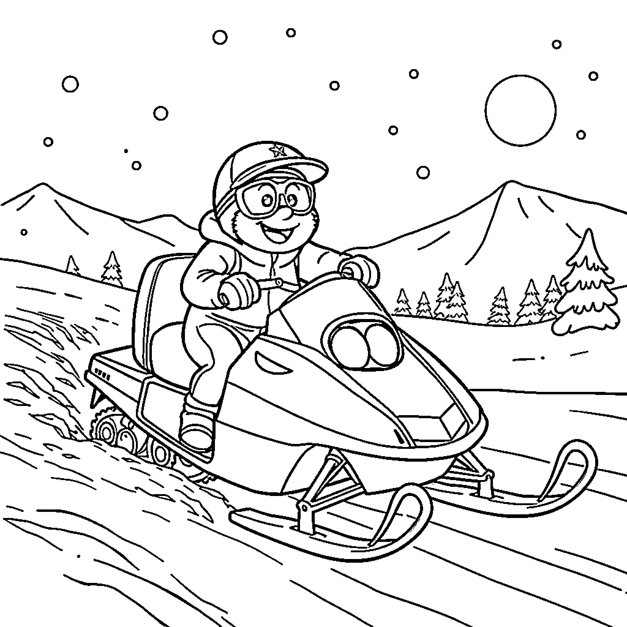 Bluey riding a snowmobile through the snowy landscape Coloring Page (free black-and-white line drawing printable PDF for all, from beginners to advanced learners, including children, teens, adults, and seniors)