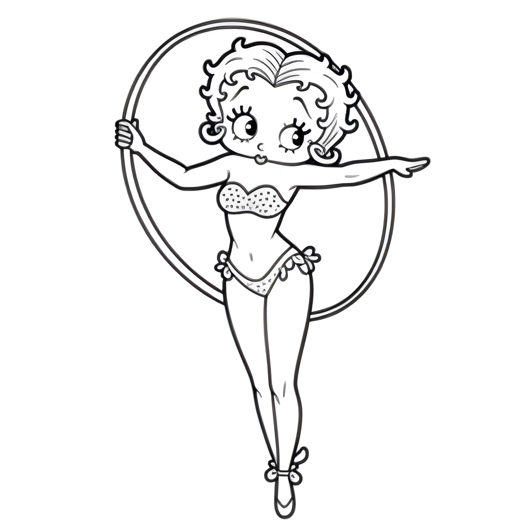 Betty Boop dancing elegantly in frame Coloring Page (free black-and-white line drawing printable PDF for all, from beginners to advanced learners, including children, teens, adults, and seniors)