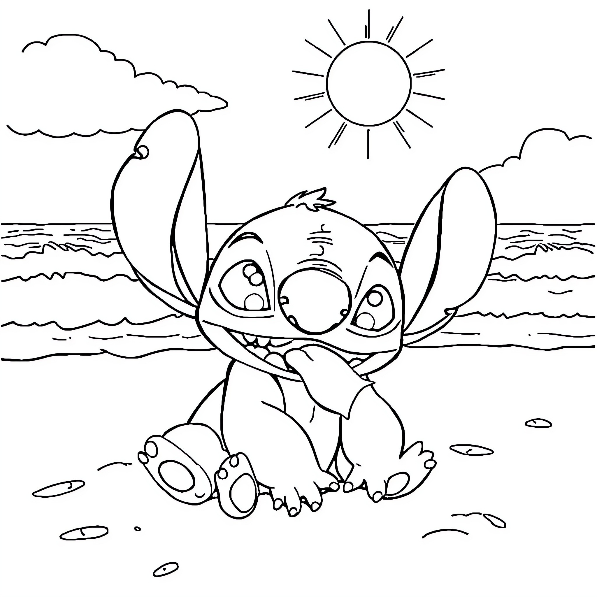 Stitch playing on the beach under the sun Coloring Page (free black-and-white line drawing printable PDF for all, from beginners to advanced learners, including children, teens, adults, and seniors)