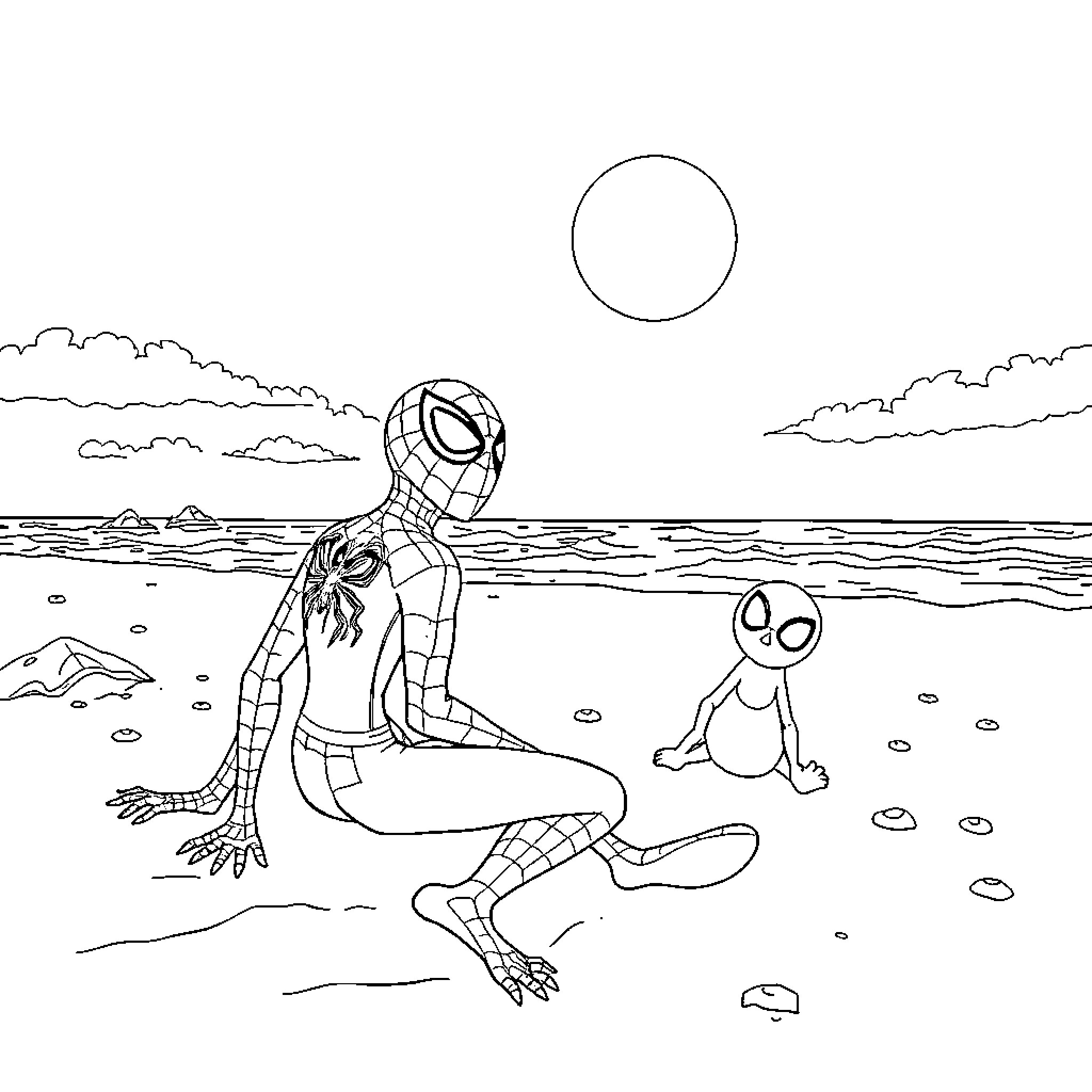 Spider-Man relaxing on the beach with pet Coloring Page (free black-and-white line drawing printable PDF for all, from beginners to advanced learners, including children, teens, adults, and seniors)