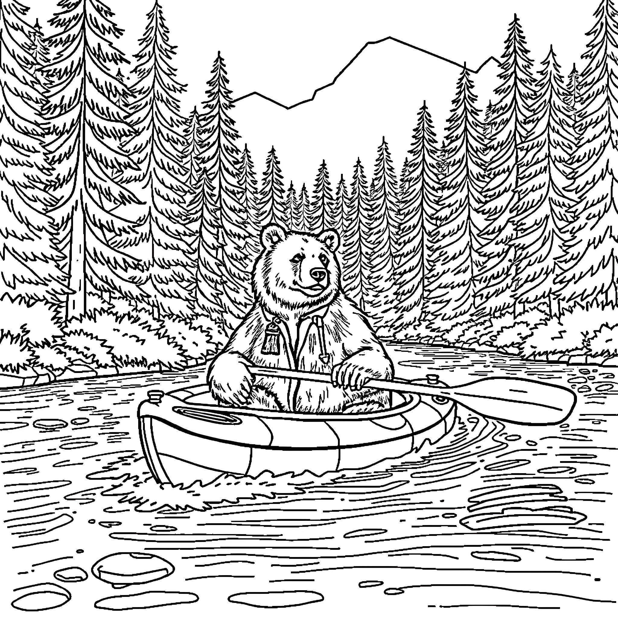 Bear paddling down a river in the forest Coloring Page (free black-and-white line drawing printable PDF for all, from beginners to advanced learners, including children, teens, adults, and seniors)