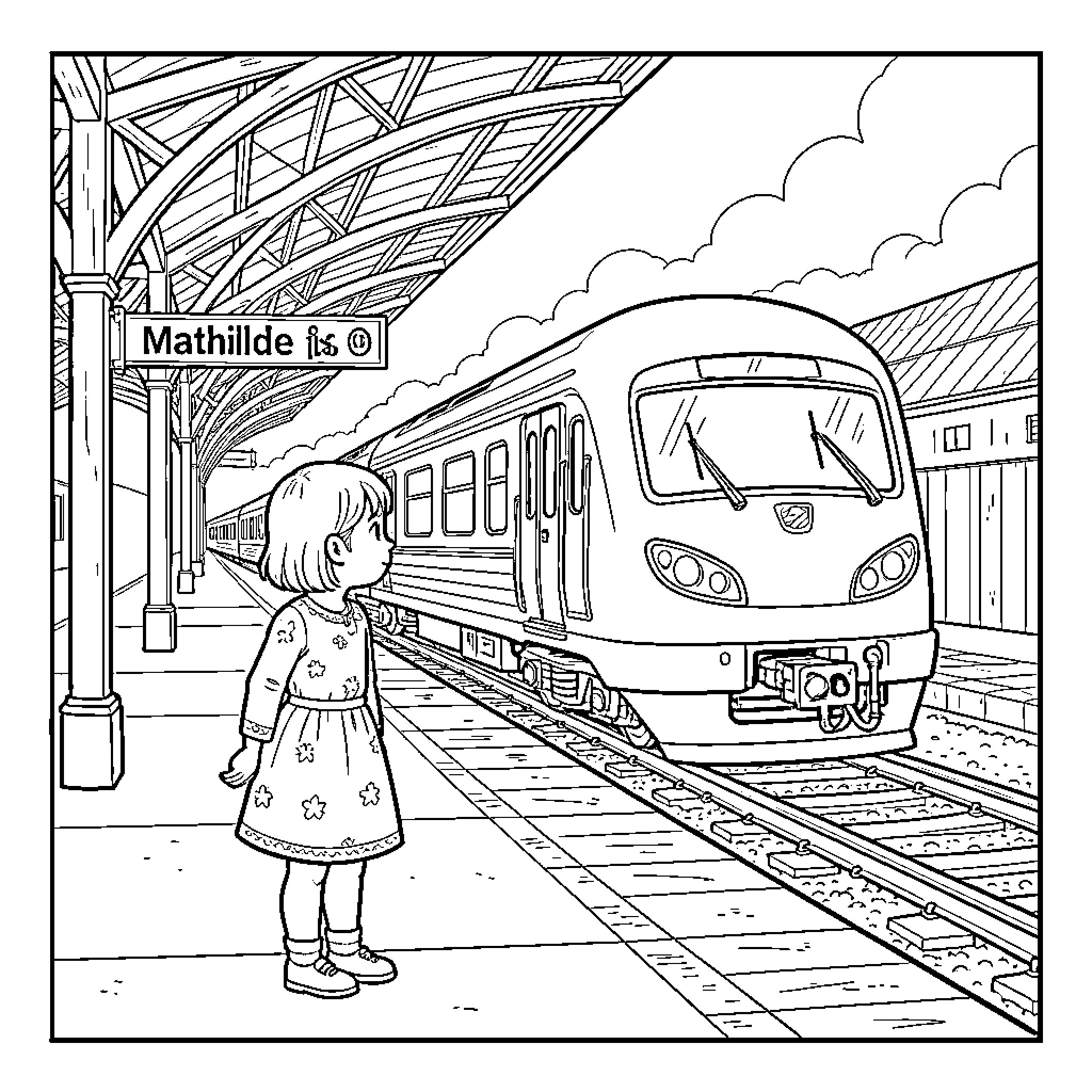 Fillette watching a train arrive at the station Coloring Page (free black-and-white line drawing printable PDF for all, from beginners to advanced learners, including children, teens, adults, and seniors)