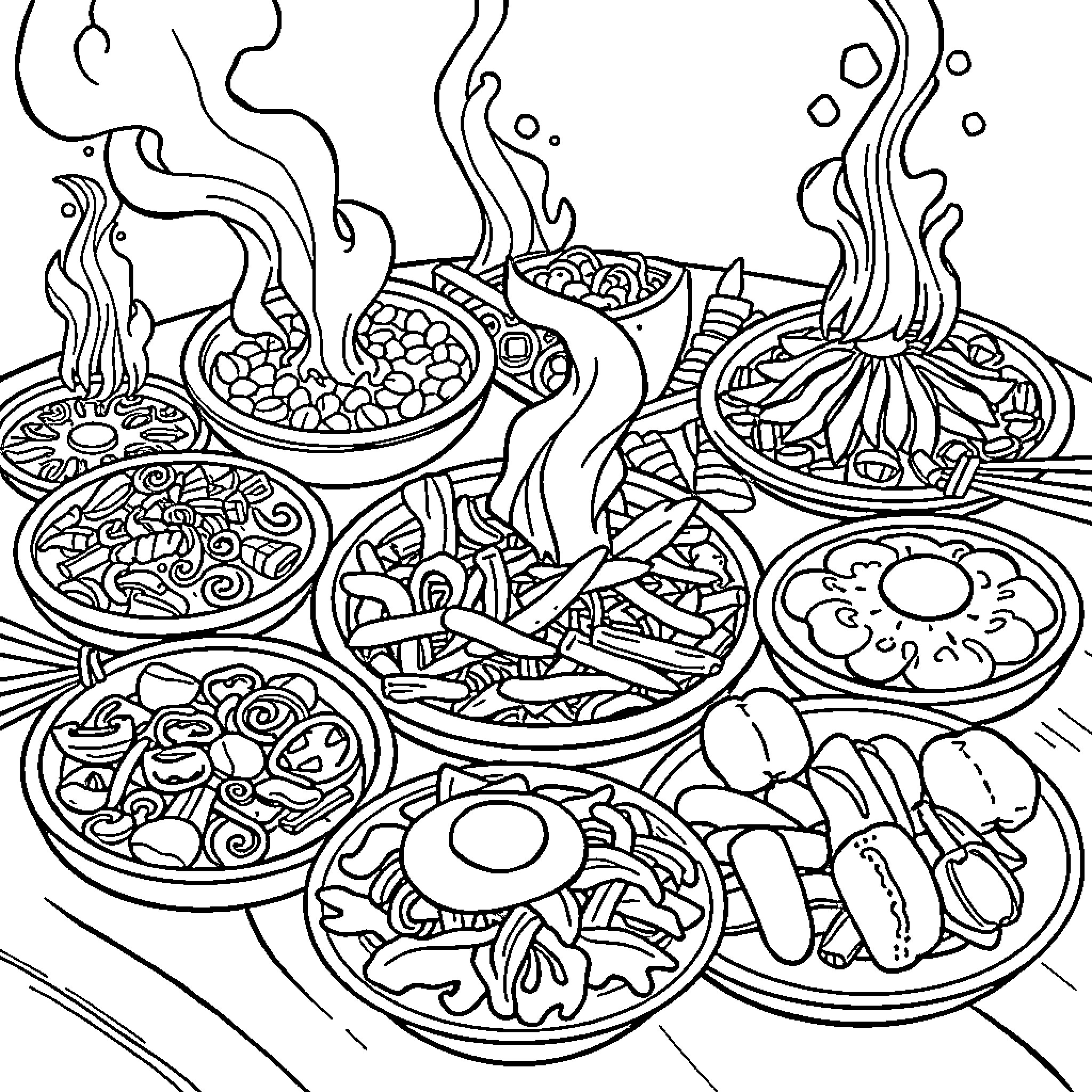 Food Feast of Delectable Dishes Coloring Page (free black-and-white line drawing printable PDF for all, from beginners to advanced learners, including children, teens, adults, and seniors)