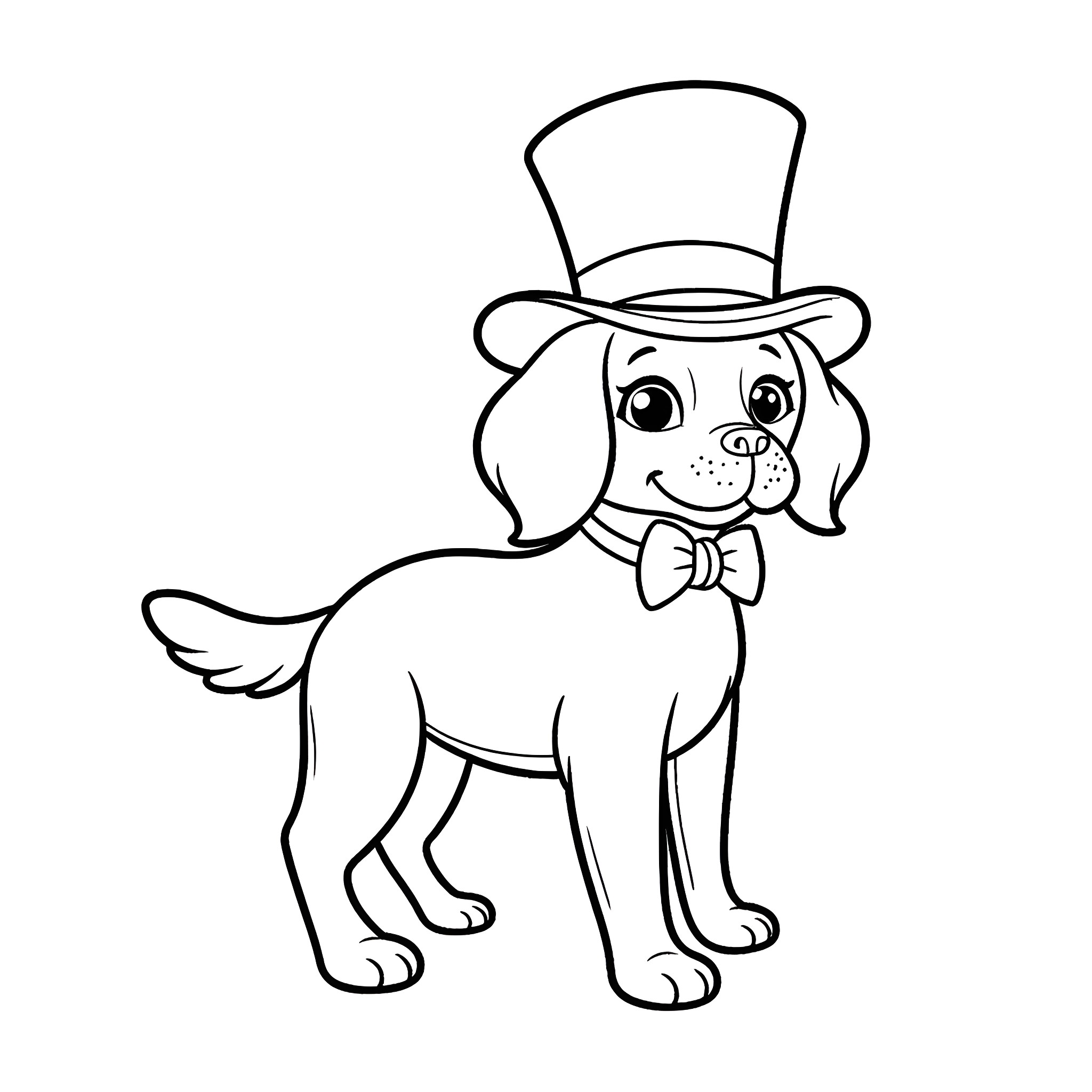 Dog dressed up in top hat and bow tie Coloring Page (free black-and-white line drawing printable PDF for all, from beginners to advanced learners, including children, teens, adults, and seniors)