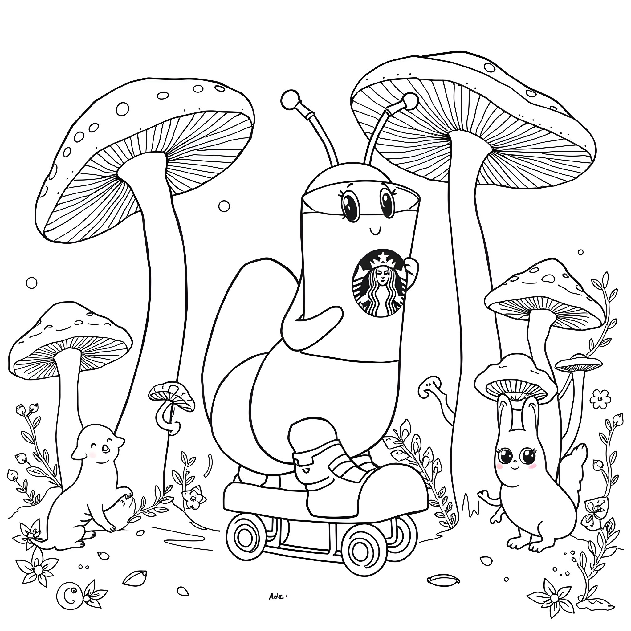 Caterpillar's Whimsical Mushroom Adventure Coloring Page (free black-and-white line drawing printable PDF for all, from beginners to advanced learners, including children, teens, adults, and seniors)