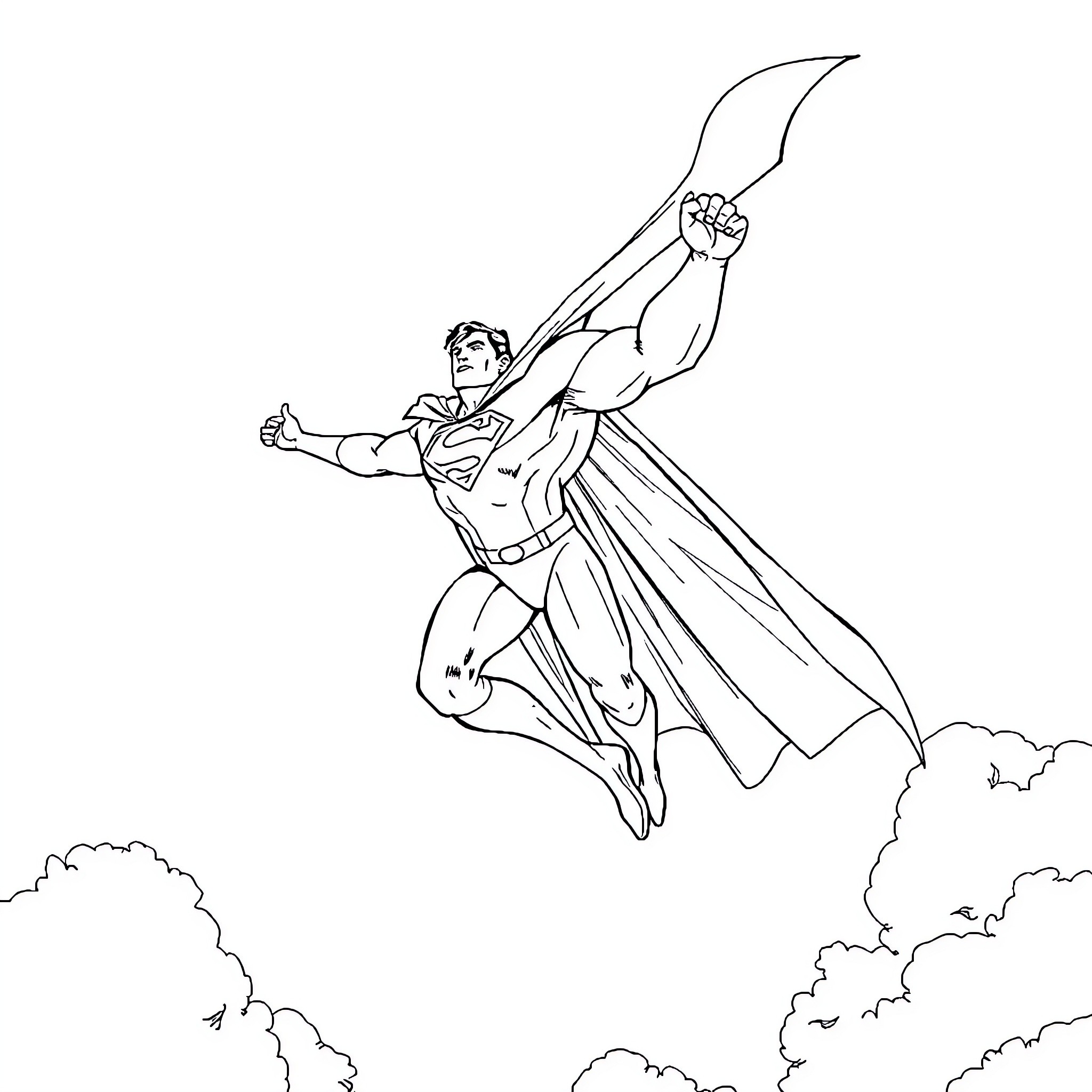 Superman soaring through the sky in heroic pose Coloring Page (free black-and-white line drawing printable PDF for all, from beginners to advanced learners, including children, teens, adults, and seniors)