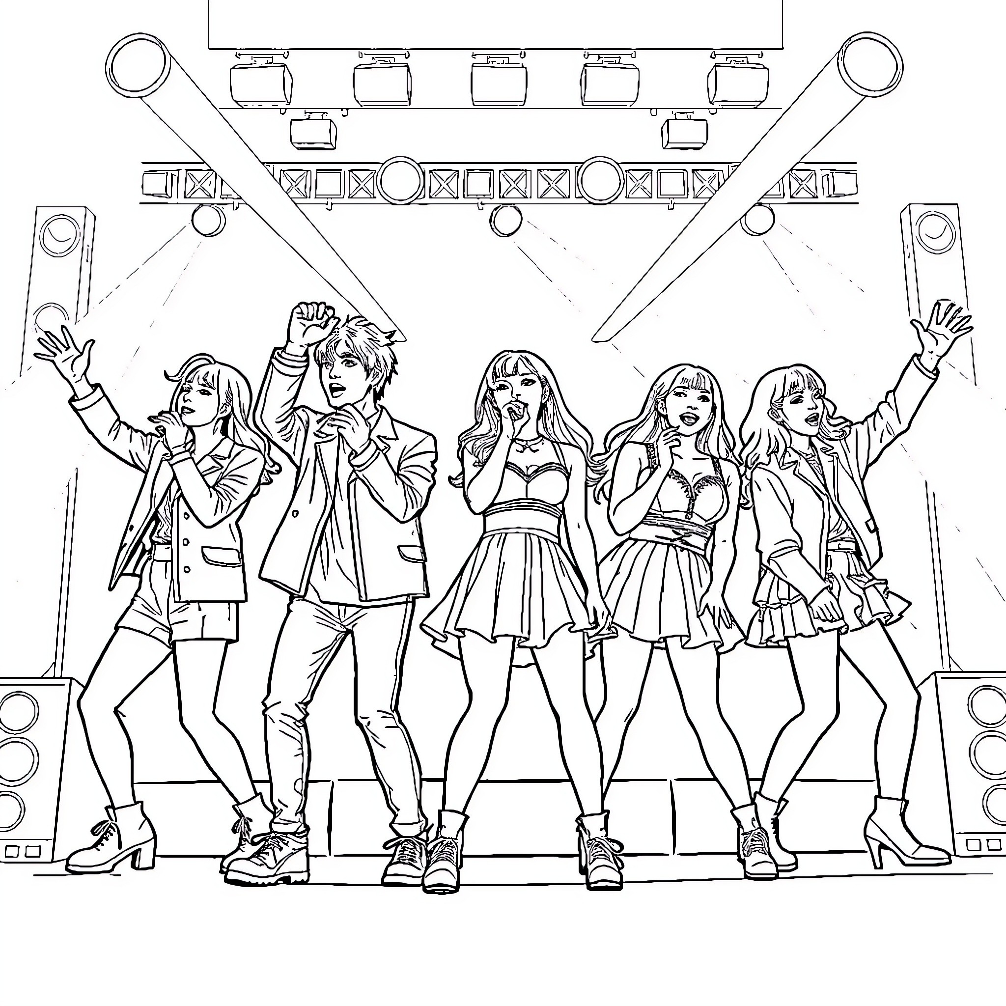 Kpop group performing on stage with energy Coloring Page (free black-and-white line drawing printable PDF for all, from beginners to advanced learners, including children, teens, adults, and seniors)