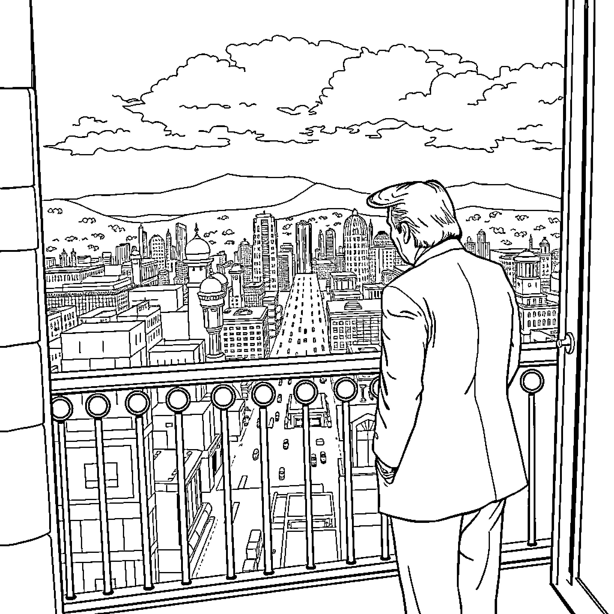 Trump overlooking the city from a high vantage point Coloring Page (free black-and-white line drawing printable PDF for all, from beginners to advanced learners, including children, teens, adults, and seniors)