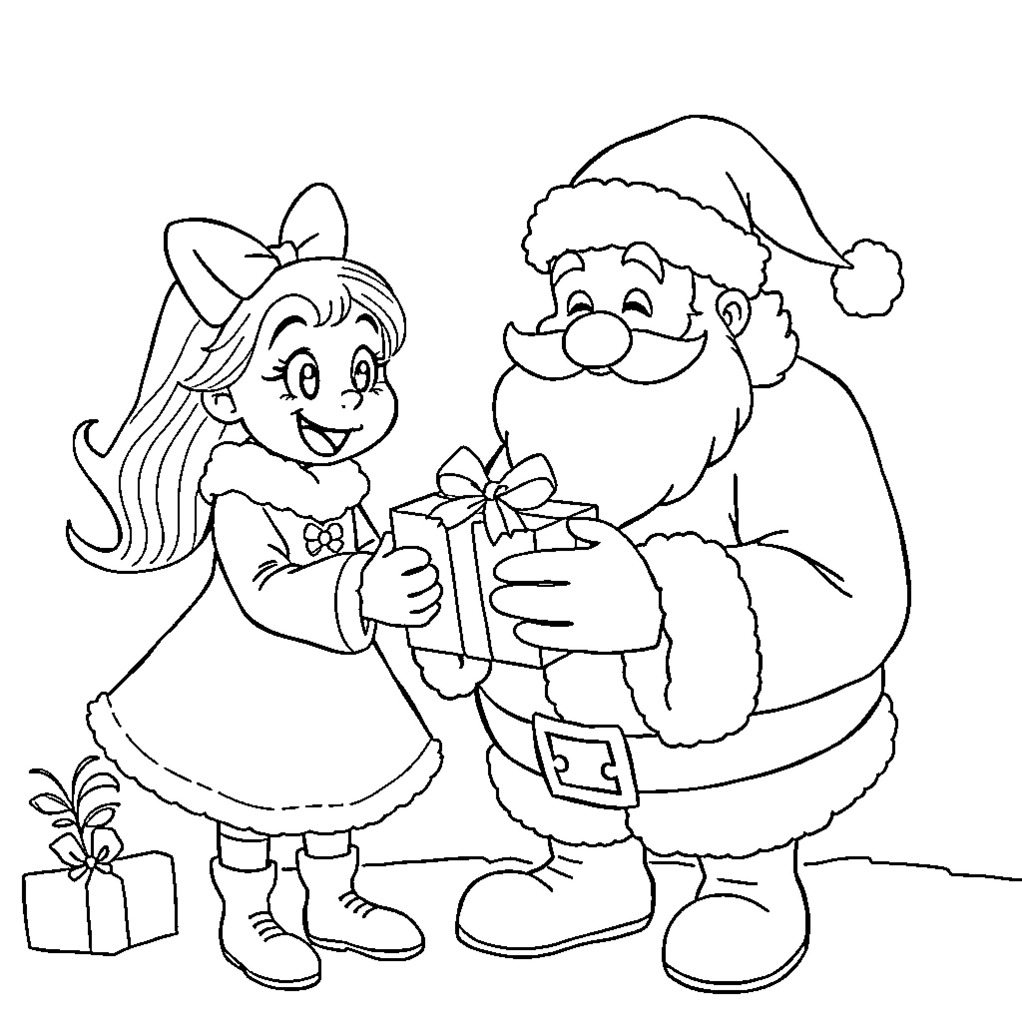 Bluey and Santa Claus celebrate the holidays together Coloring Page (free black-and-white line drawing printable PDF for all, from beginners to advanced learners, including children, teens, adults, and seniors)