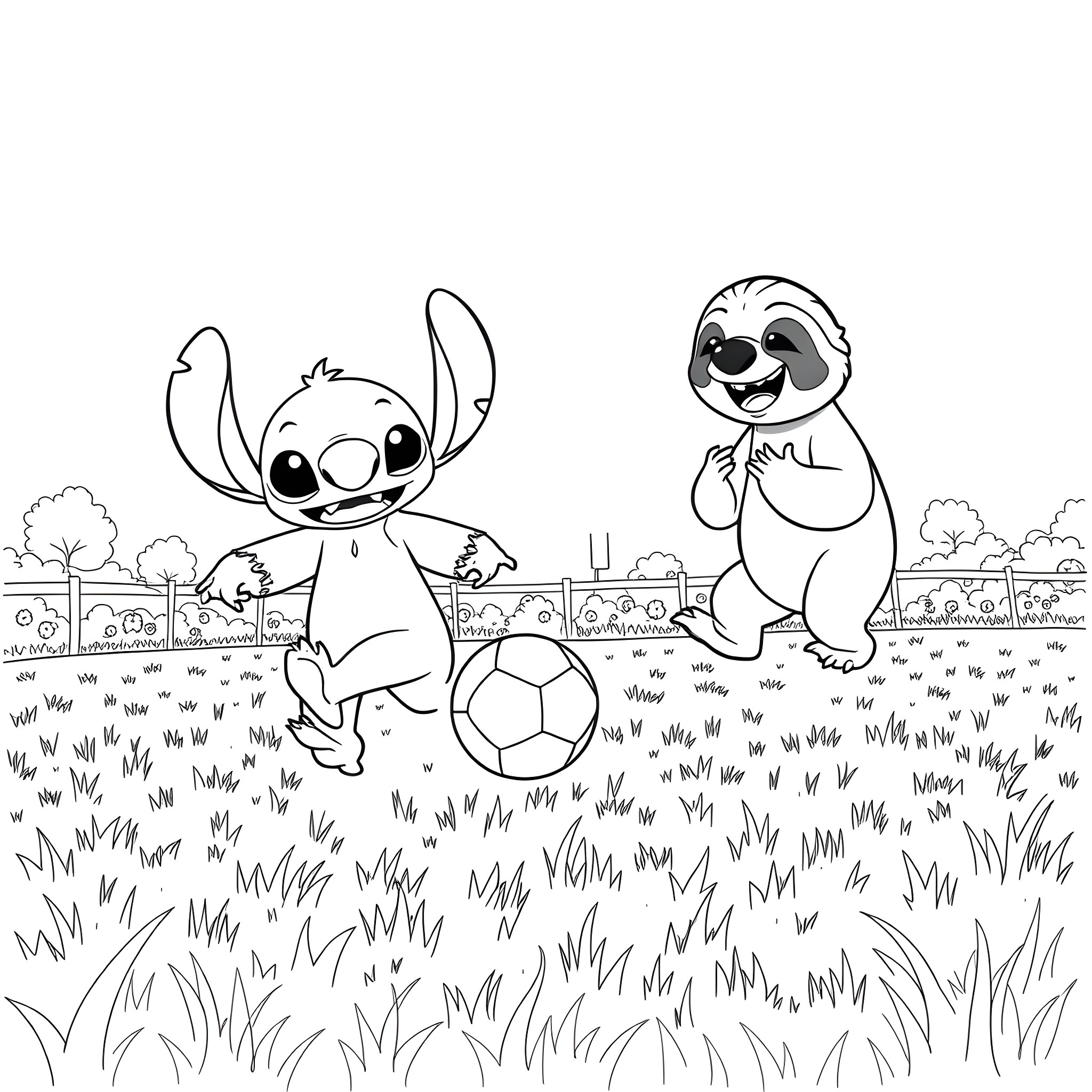 Stitch and Sloth playing with a soccer ball in the park Coloring Page (free black-and-white line drawing printable PDF for all, from beginners to advanced learners, including children, teens, adults, and seniors)