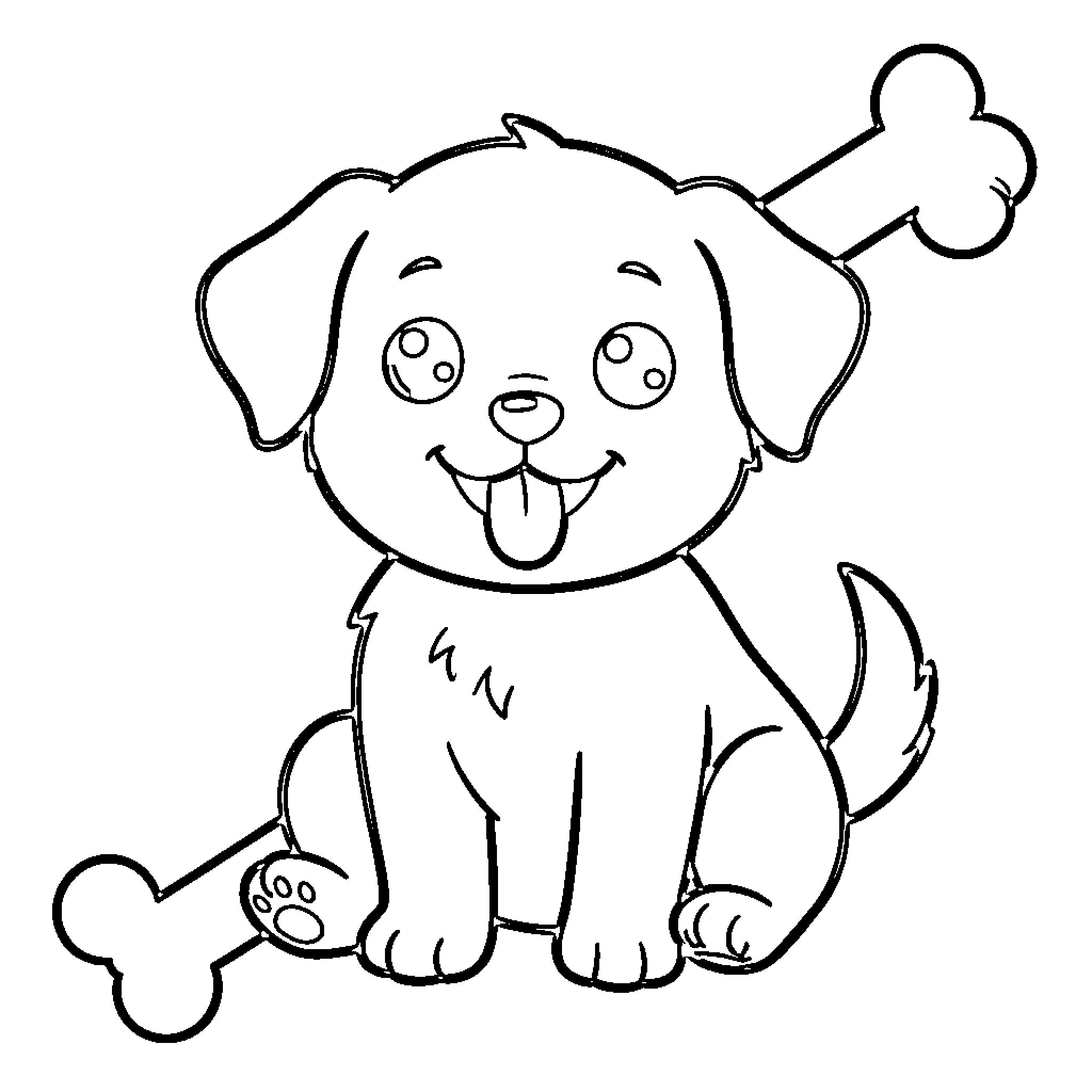 Puppy playing with toy bone happily Coloring Page (free black-and-white line drawing printable PDF for all, from beginners to advanced learners, including children, teens, adults, and seniors)