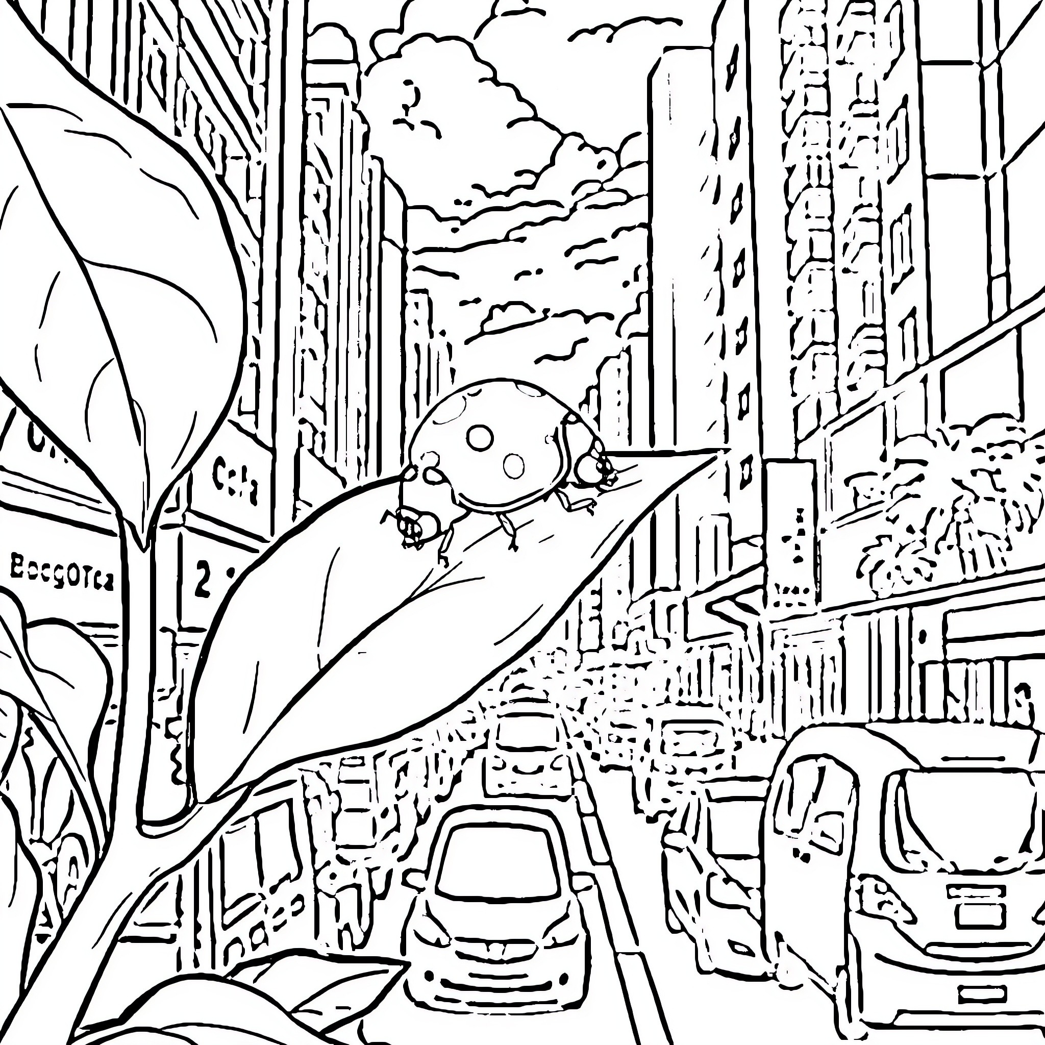 Ladybug exploring the bustling city skyline Coloring Page (free black-and-white line drawing printable PDF for all, from beginners to advanced learners, including children, teens, adults, and seniors)