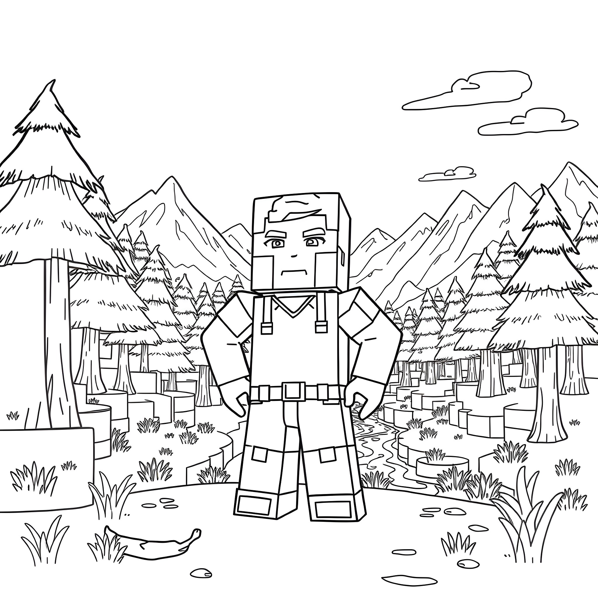 Steve adventures in the enchanting mountain forest Coloring Page (free black-and-white line drawing printable PDF for all, from beginners to advanced learners, including children, teens, adults, and seniors)