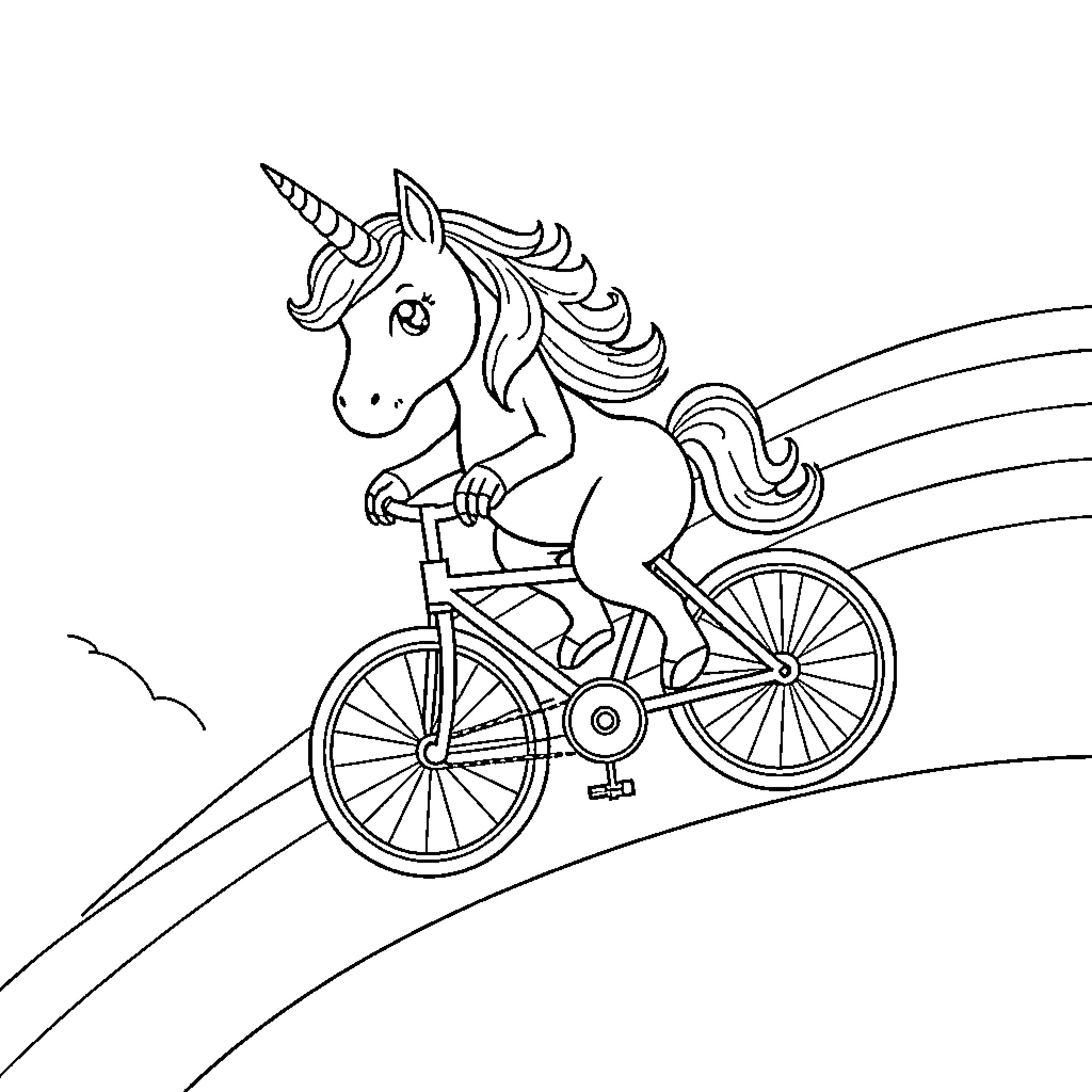 Unicorn riding a bicycle on a rainbow path Coloring Page (free black-and-white line drawing printable PDF for all, from beginners to advanced learners, including children, teens, adults, and seniors)