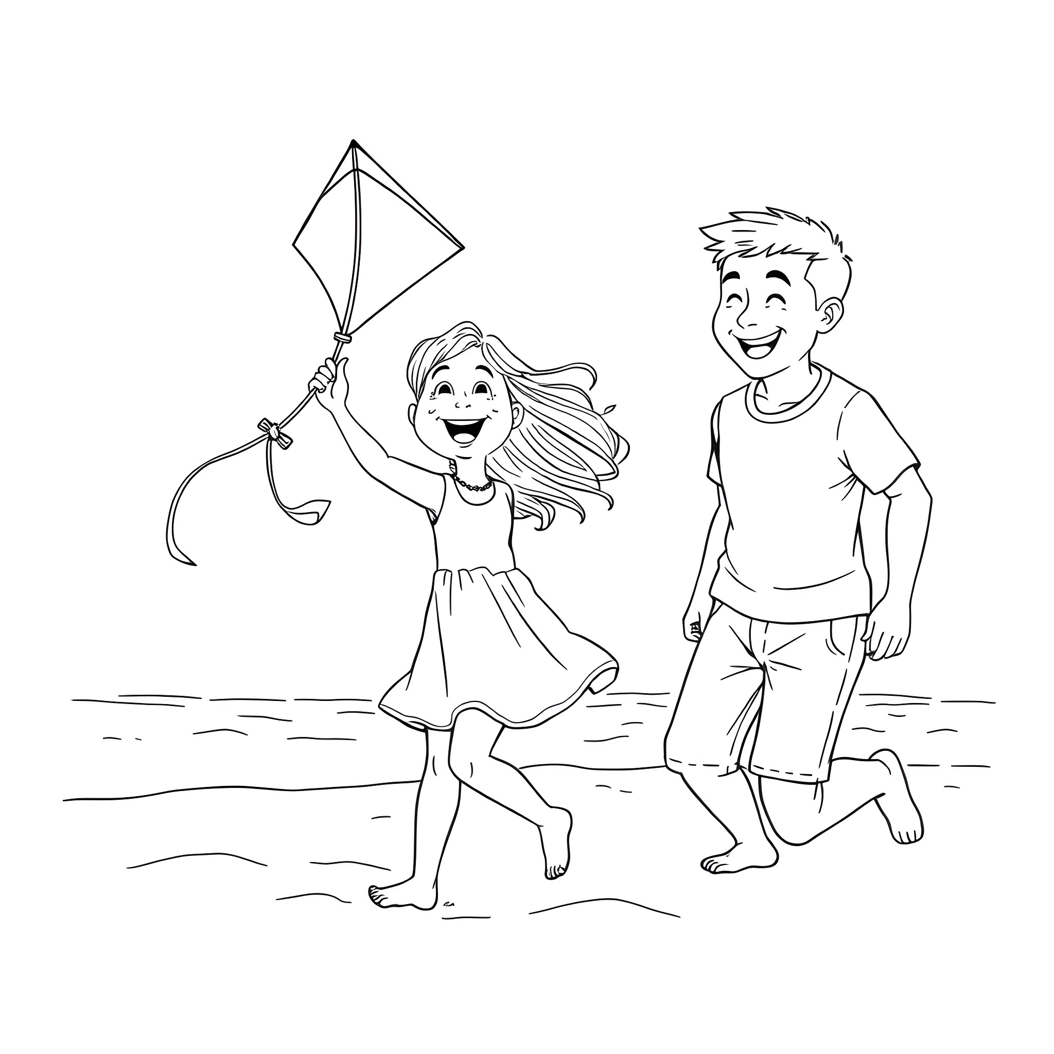 Girl and boy flying kite on the beach Coloring Page (free black-and-white line drawing printable PDF for all, from beginners to advanced learners, including children, teens, adults, and seniors)