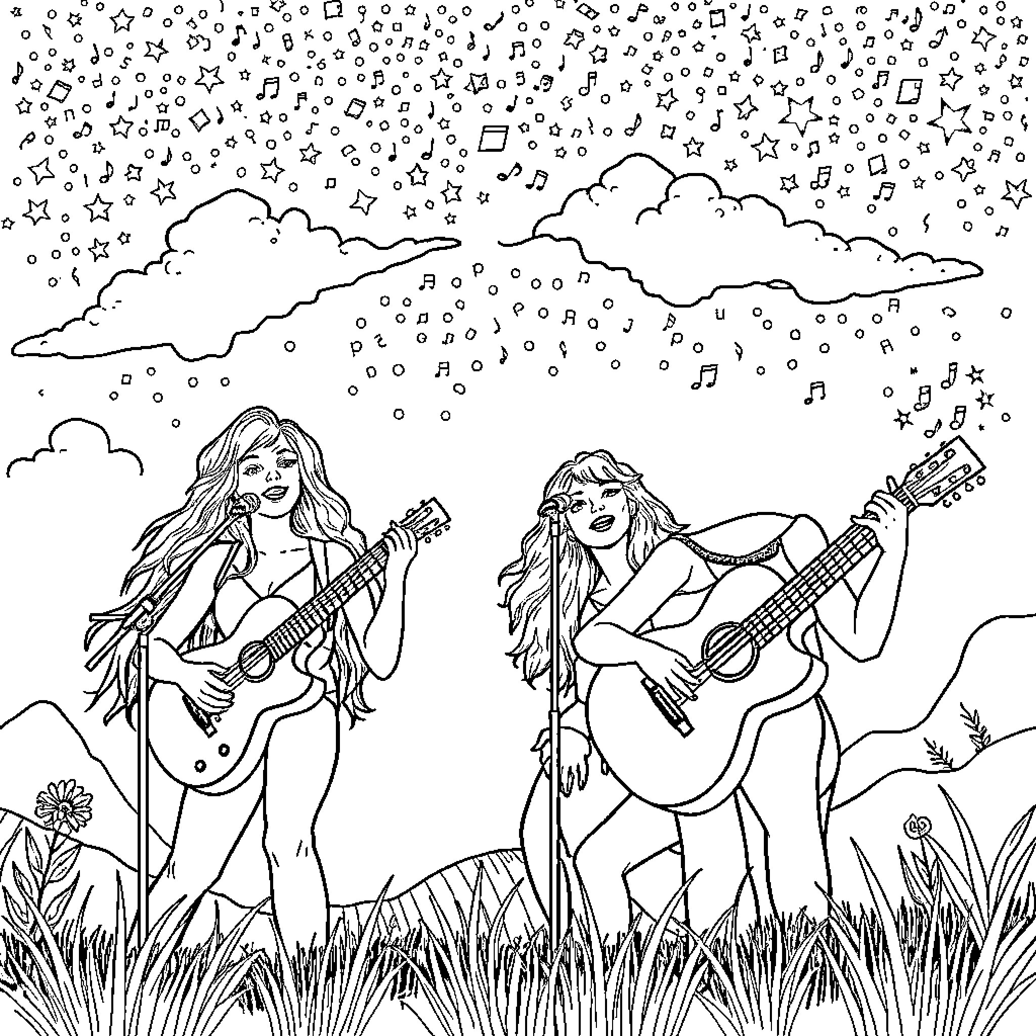 Huntrix: Musical Muses in the Meadow Coloring Page (free black-and-white line drawing printable PDF for all, from beginners to advanced learners, including children, teens, adults, and seniors)