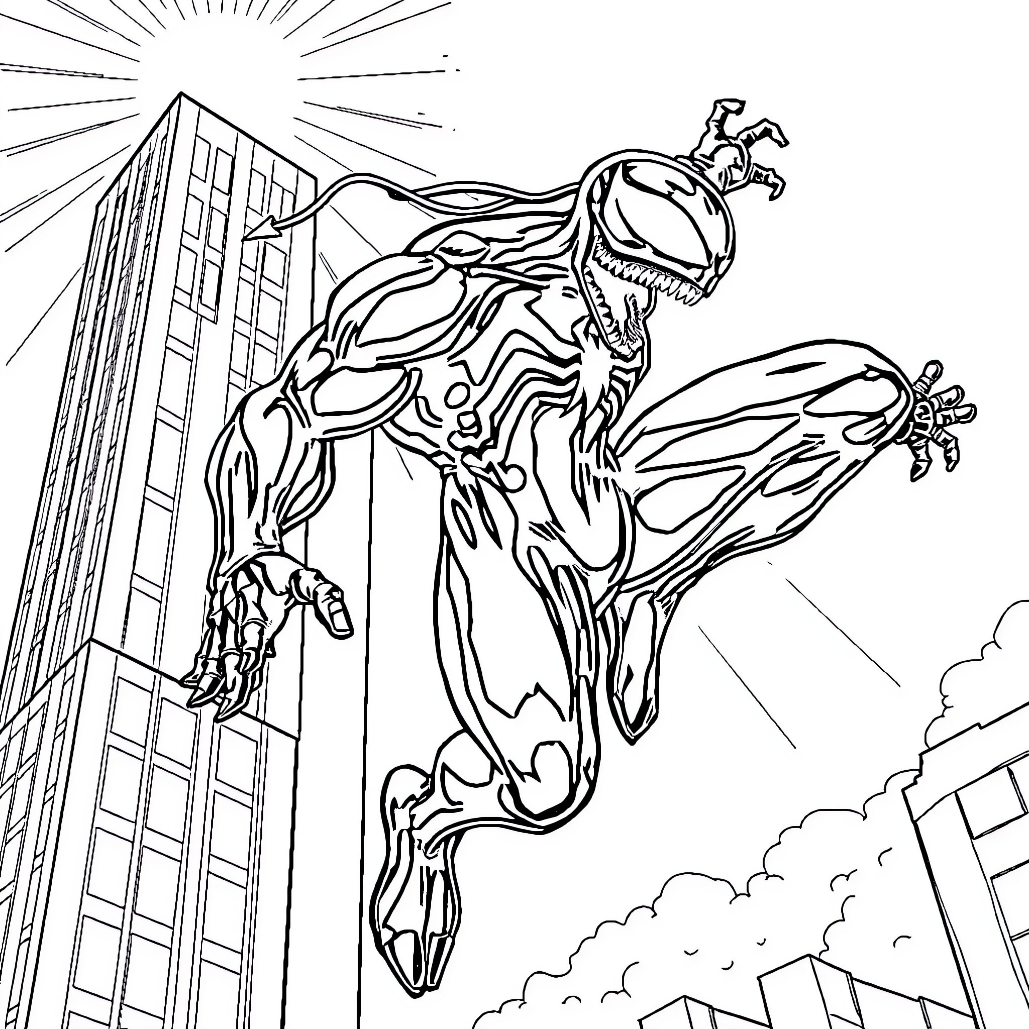 Venom Swinging Through the City Skyline Coloring Page (free black-and-white line drawing printable PDF for all, from beginners to advanced learners, including children, teens, adults, and seniors)
